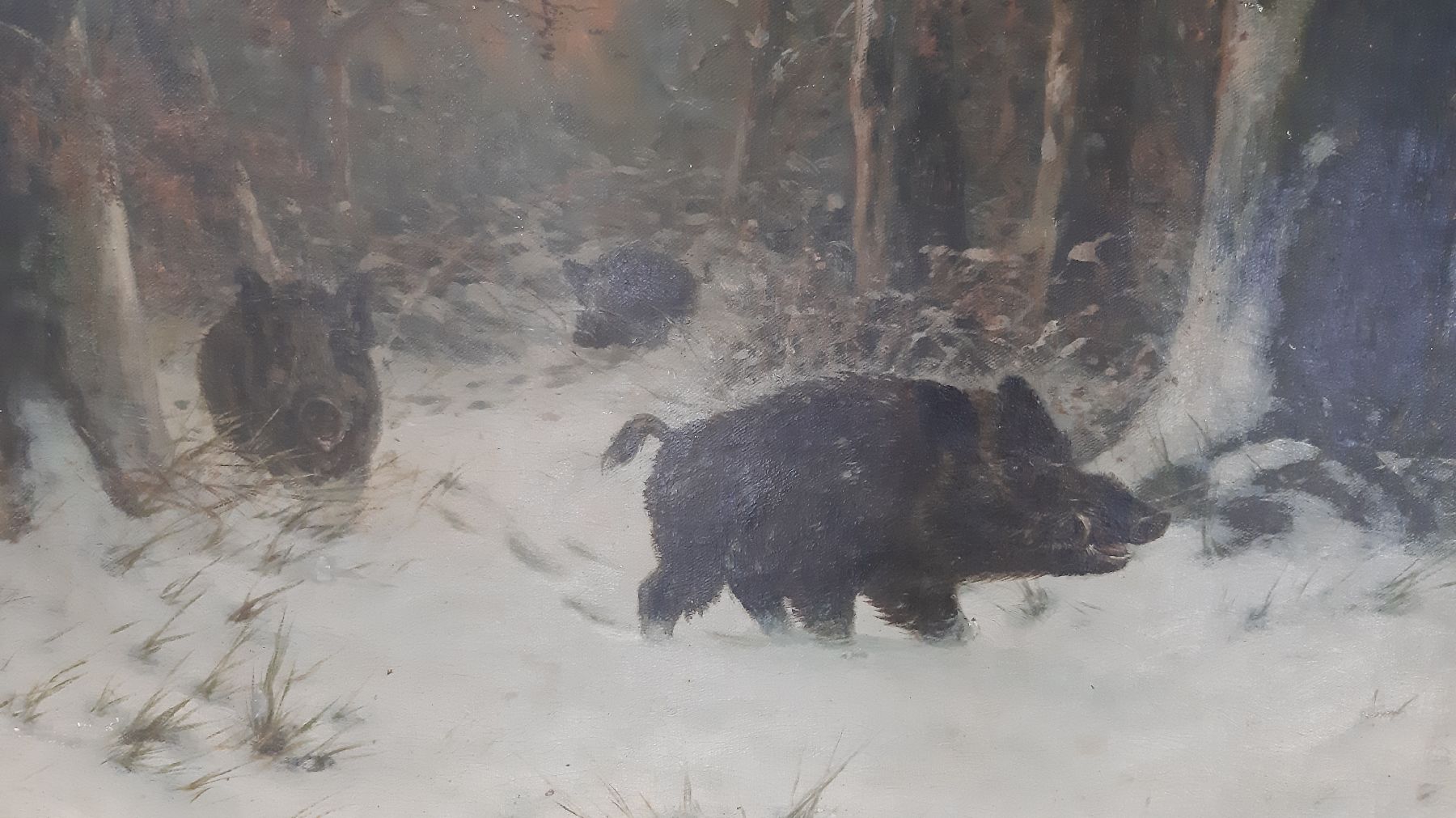 Detail d: Joseph F. Heydendahl, 1844-1906 Düsseldorf, Wildschweinrotte im verschneiten Wald, Abendrot, Öl/Lwd, rechts unten signiert, ca. 95x125cm, R. ca. ...