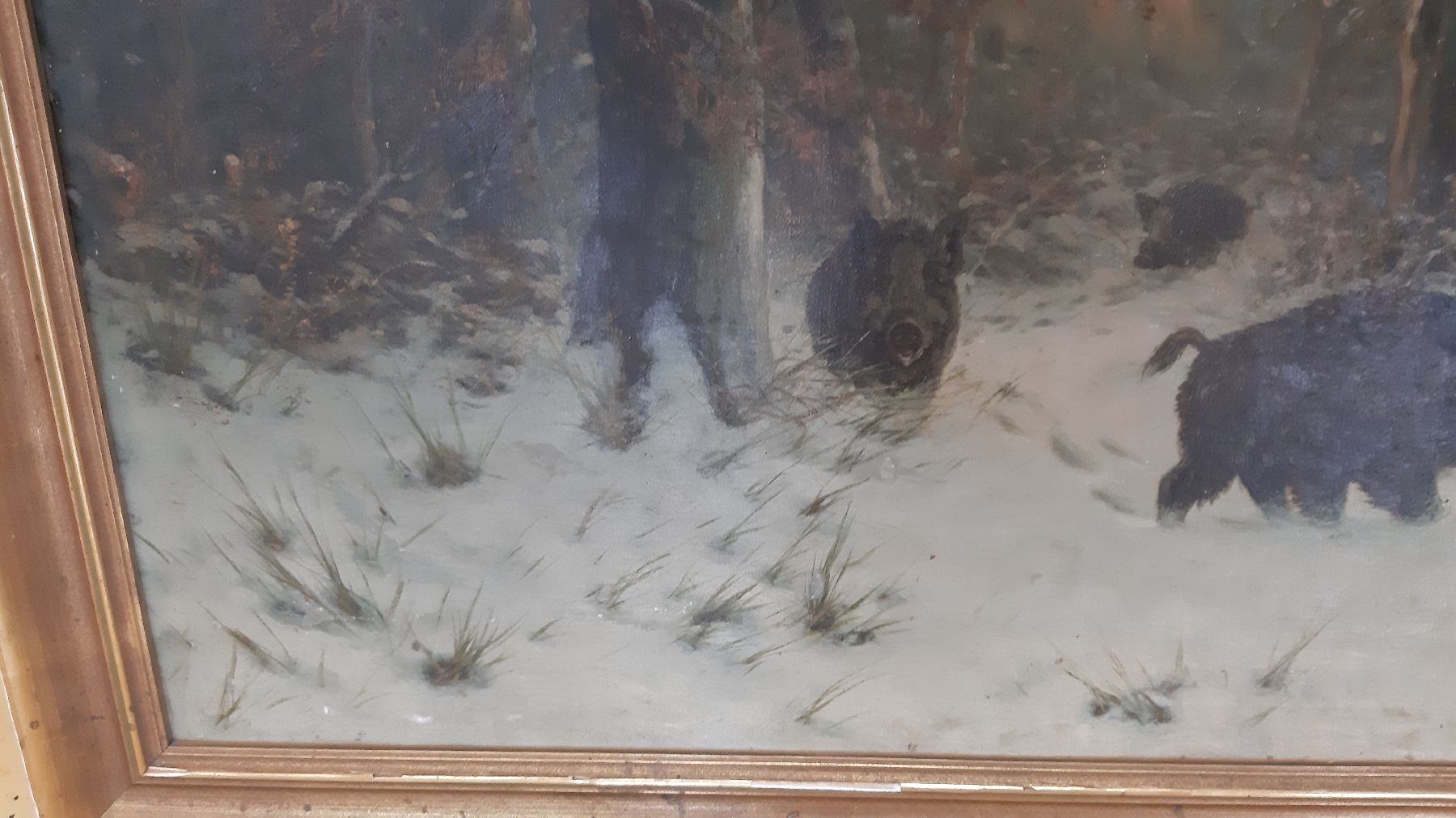 Detail h: Joseph F. Heydendahl, 1844-1906 Düsseldorf, Wildschweinrotte im verschneiten Wald, Abendrot, Öl/Lwd, rechts unten signiert, ca. 95x125cm, R. ca. ...