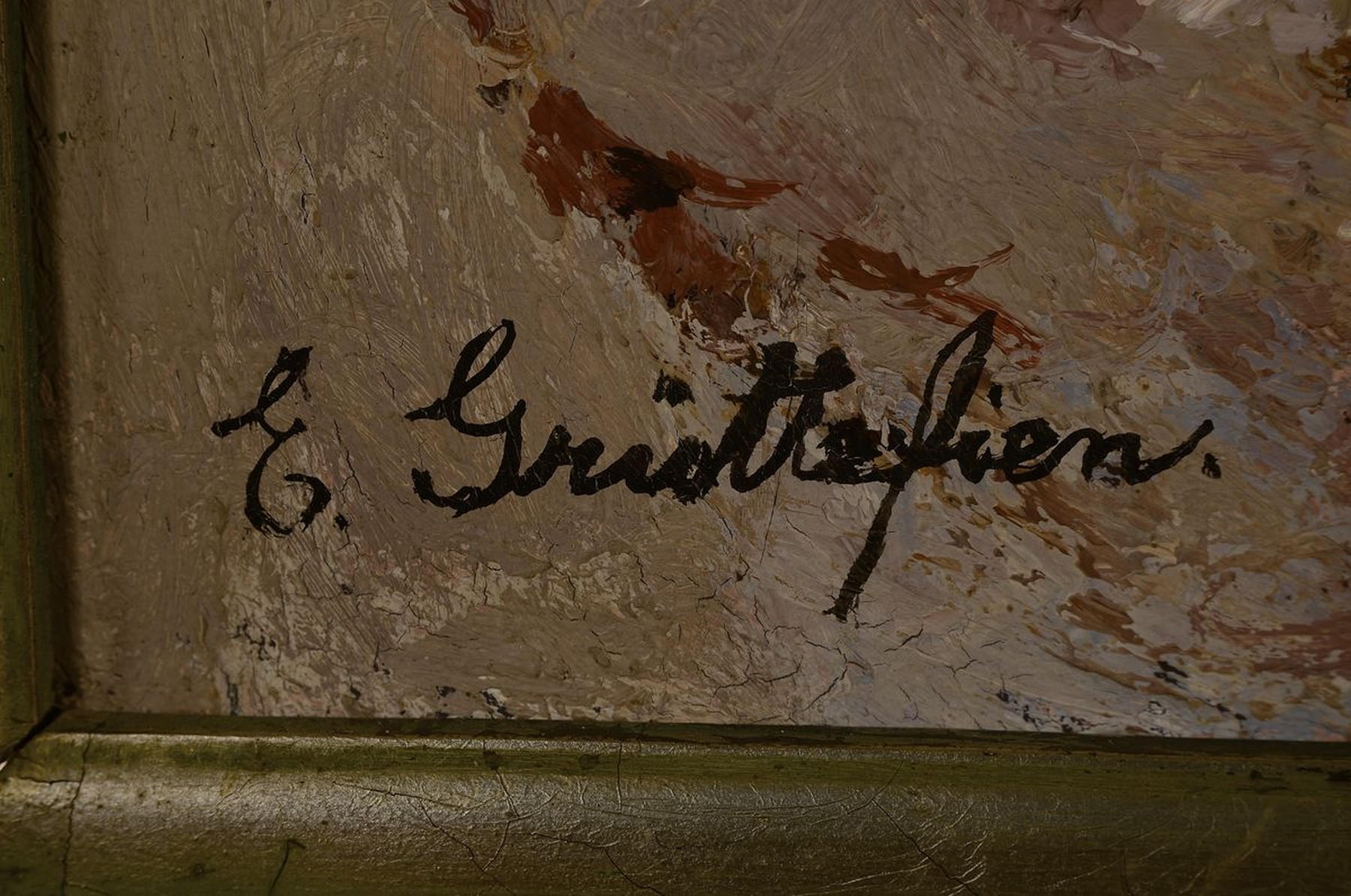 Detail a: Elisabeth Grüttefien-Kiekebusch, geb. 1871, Norwegische Fjordlandschaft, Öl/Lwd, links unten signiert E. Grüttefien, rechts oben kleine ...