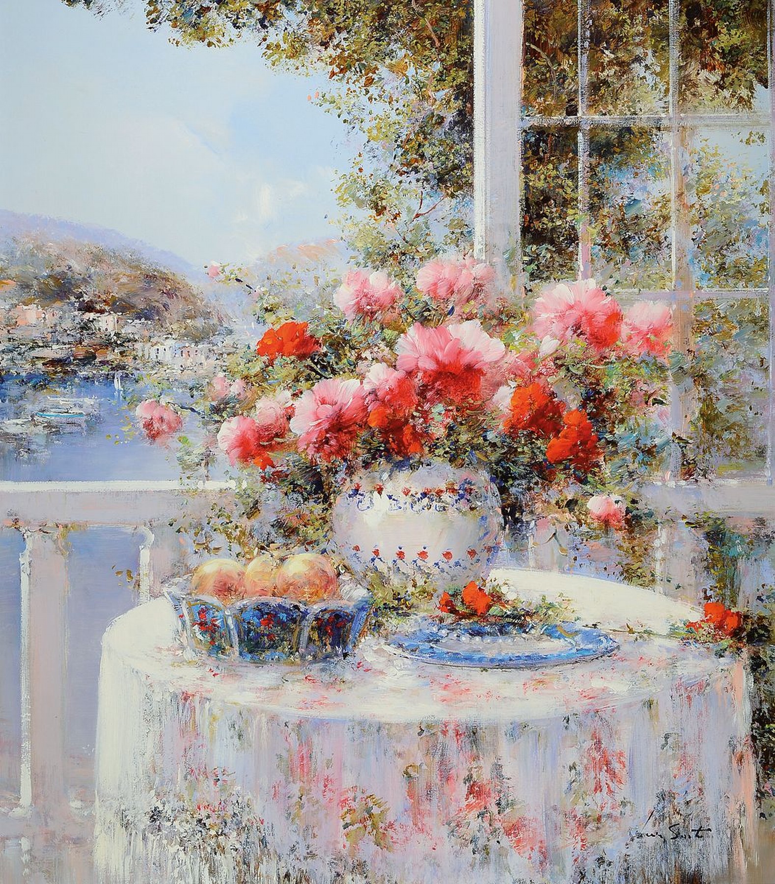 Lucia Sarto, geb. 1950 Porporetto bei Udine, Blumenstrauss auf dem Balkon, im Hintergrund eine südliche Küstenlandschaft, Öl/Lwd, rechts unten ...