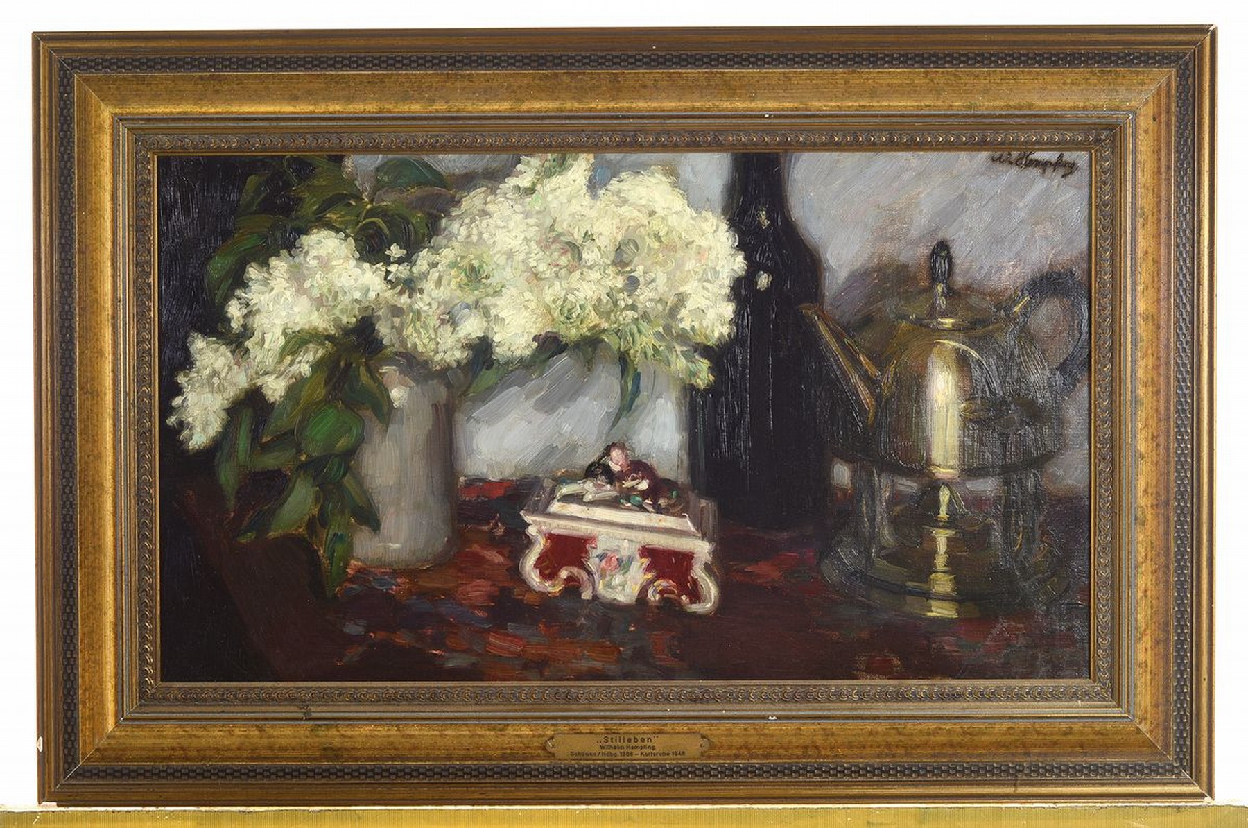 Detail k: Wilhelm Hempfing, 1886 Schönau - 1948 Karlsruhe, Stillleben mit Deckeldose und Flieder, Öl/Lwd, re. oben signiert, doubliert bzw. l. rest., ca. 59 ...