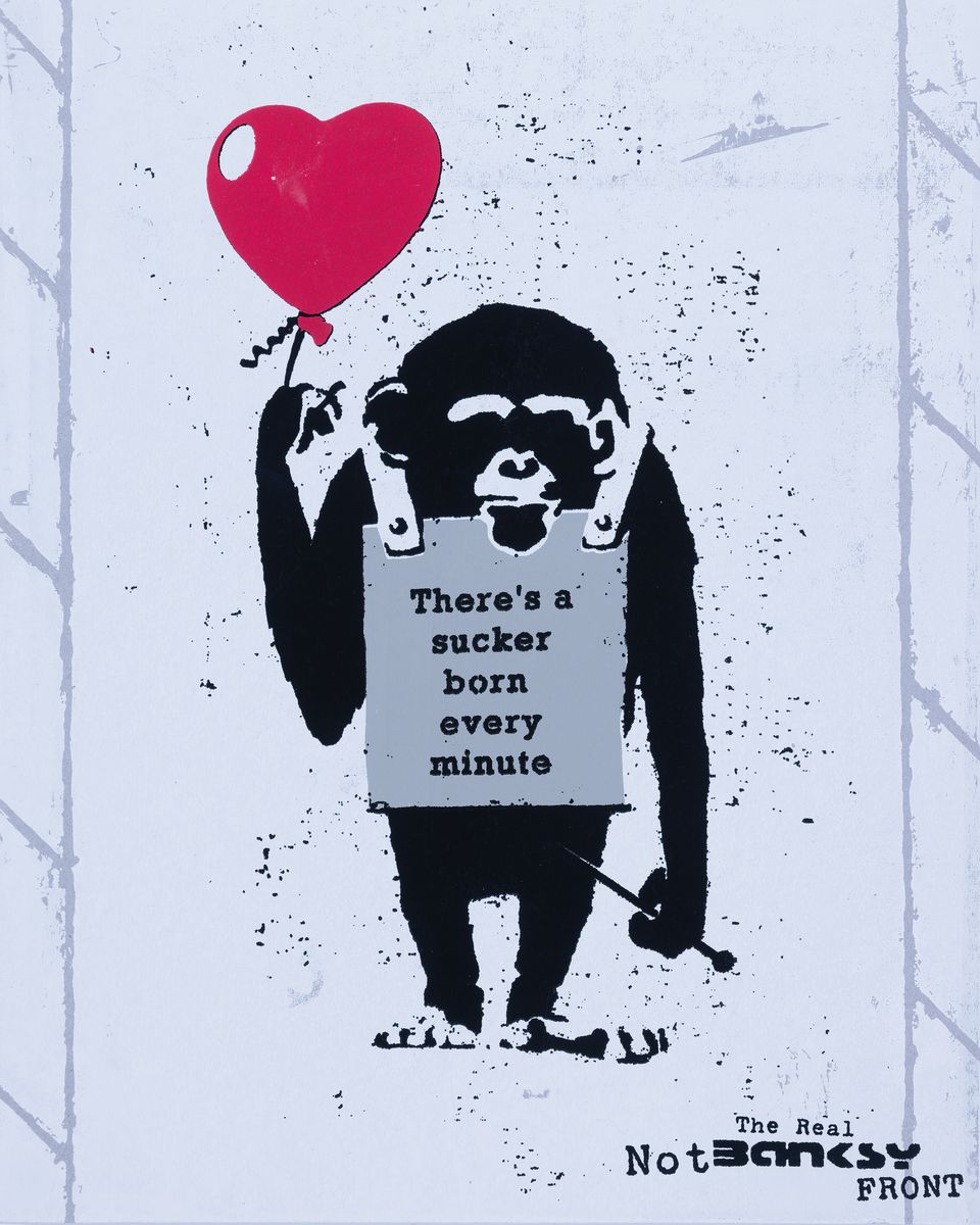 Detail k: The Real Not Banksy Front, "True Love fake art Suckers", Farbsiebdruck/Pappe, verso handsign., Stempel, num. 120/500, ca. 55x45 cm, inkl. ...