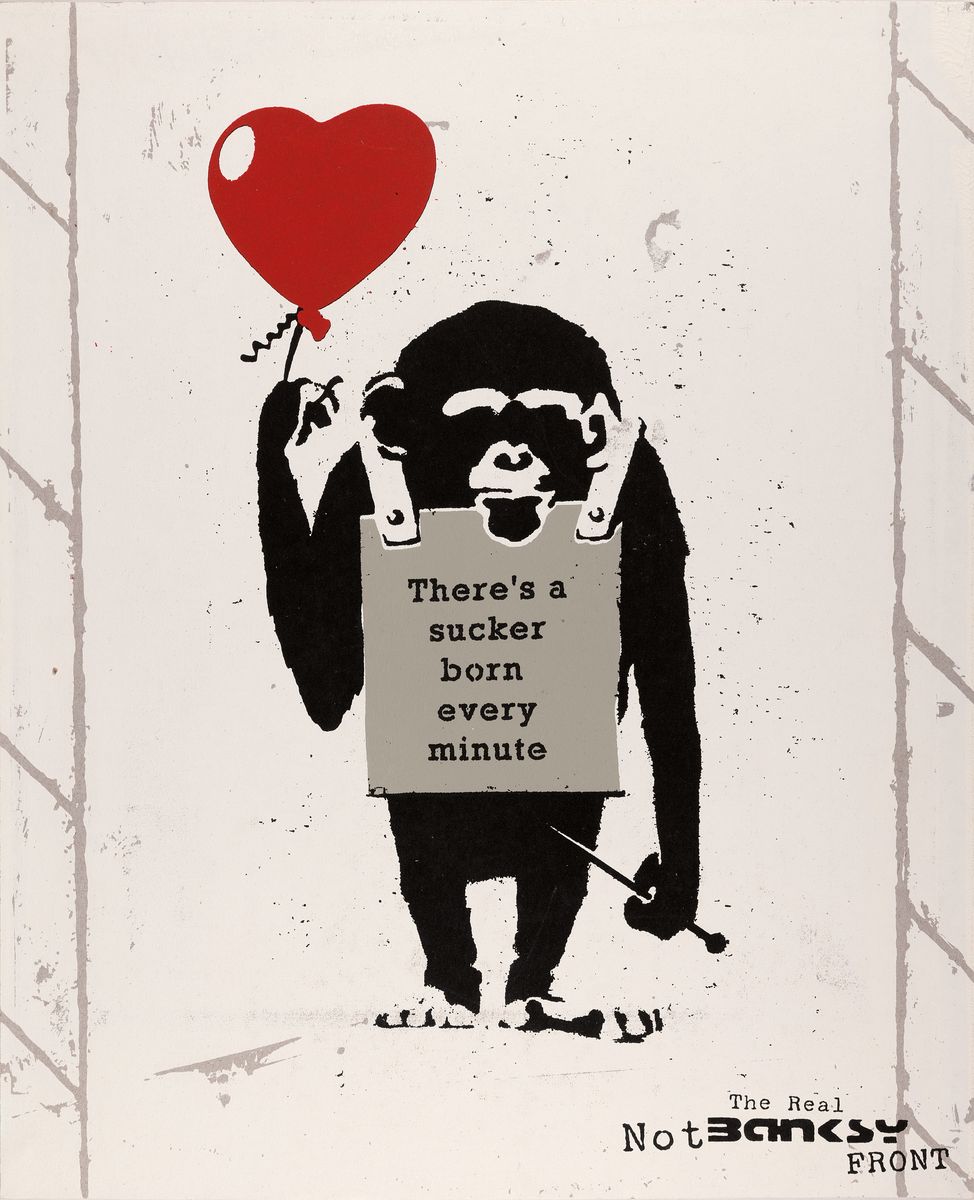 Not by Banksy by the New Not Banksy front, "True Love fake art Suckers!", Farbsiebdruck/Karton, verso sign., Stempel, num. 41/500, ca. ...