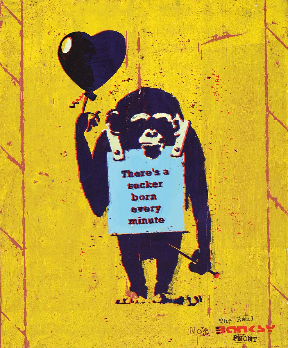 Not by Banksy by the Real Not Banksy Front, "True Love fake art Sucker!", "Original",2019 Siebdruckfarbe/Sprühfarbe/Holz, ...