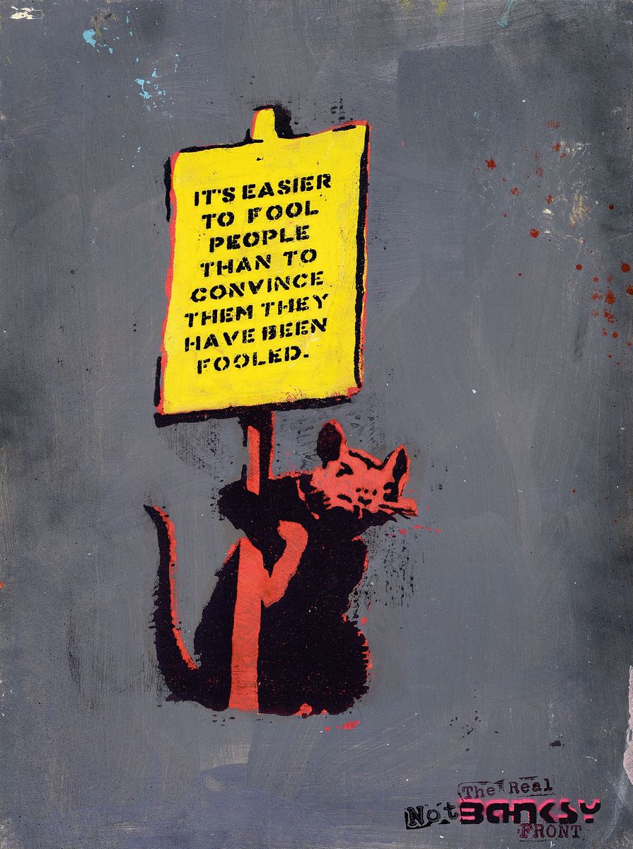Not by Banksy by the Real Not Banksy Front, "Operation Saturation or is it possbile to Milk a Dead Rat?", Siebdruckfarbe/Holz, 2019, ...