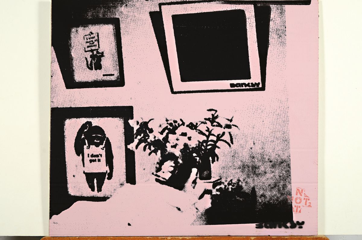 Detail k: Not by Banksy by, Not Not Banksy, "Deathbed of Not Not Banksy", 2018, Farbsiebdruck/Pappe, verso sign., num. 42/47, Stempel, ca. 40x50 cm
