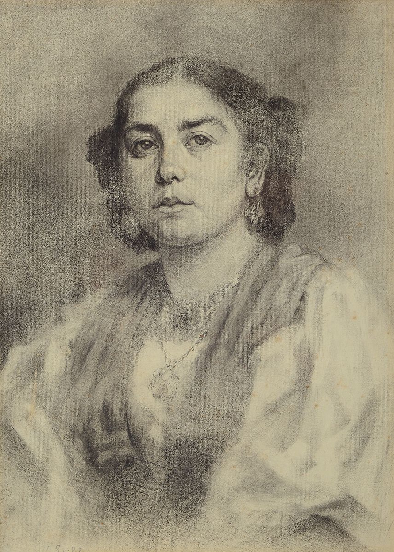 Wilhelm Leibl, Köln 1844 - 1900 Würzburg, Porträt einer Frau mit Schmuck, Kohlezeichnung, leicht stockfleckig, ca. 54 x 38 cm