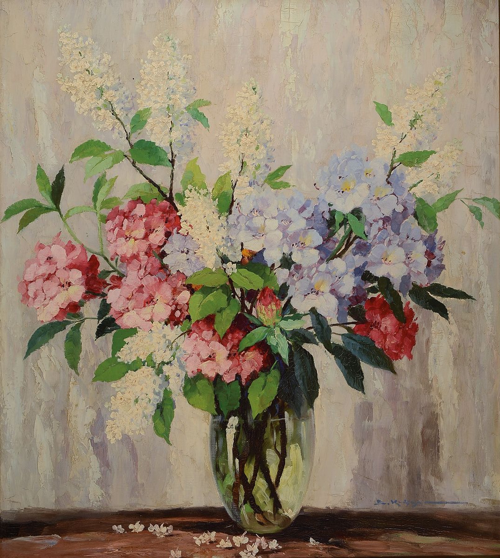 Künstler Mitte 20. Jh., unleserlich signiert, Blumenstillleben, Öl/Lwd, re. u. signiert, ca. 88 x 80 cm, Rahmen