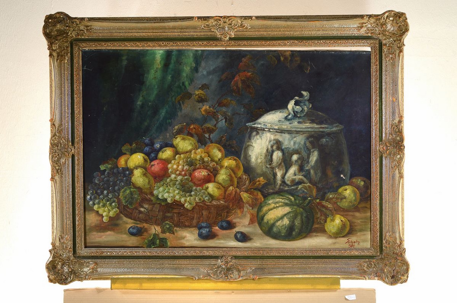 Detail k: Scholz, Stillleben nach Renaissance-Vorbild, Öl/Lwd, signiert, ca. 70 x 100 cm, Prunkrahmen