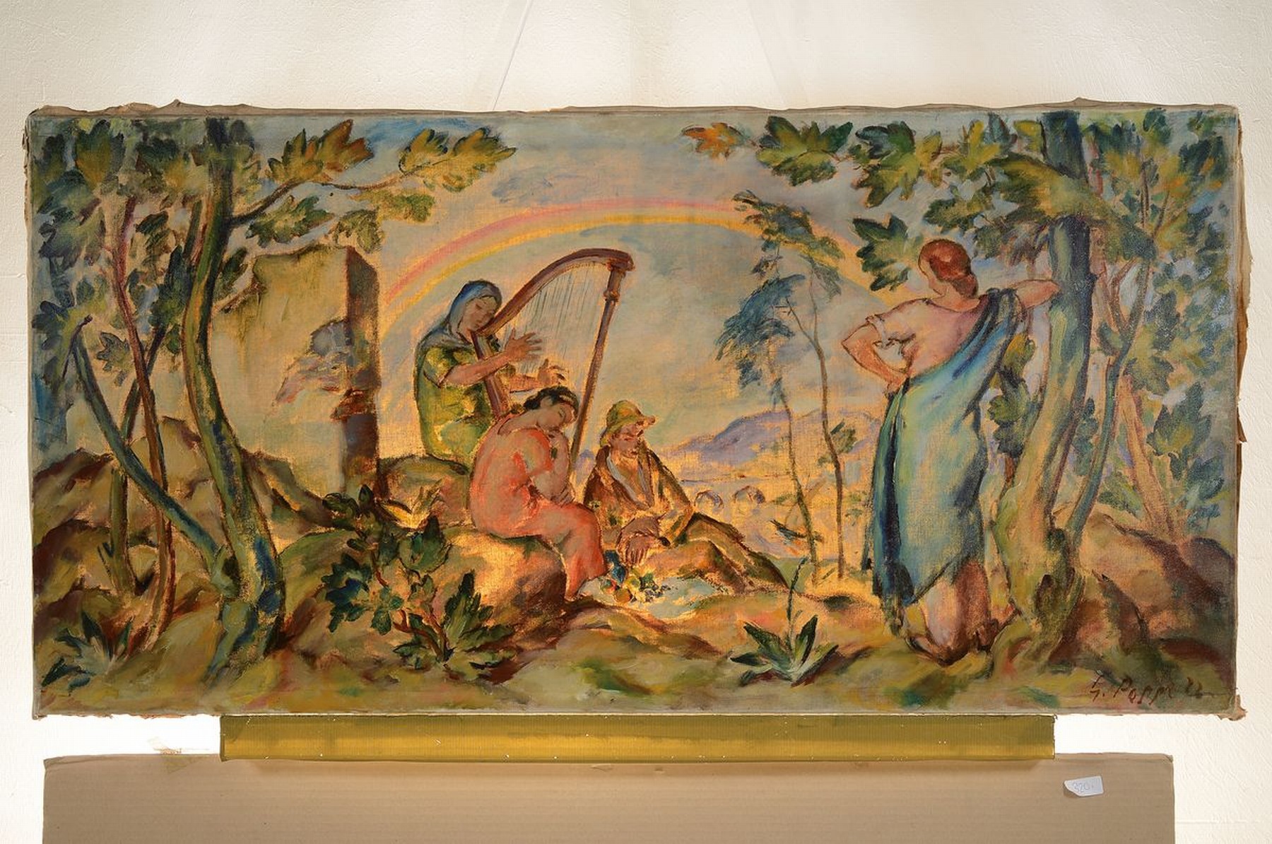 Detail k: Georg Poppe, 1883 Wartha/Schlesien - 1963 Frankfurt/M., Picknick mit Harfenspieler, Öl/Lwd, re. unten signiert und dat. 22, ca. 56 x 113 cm, Alters- ...