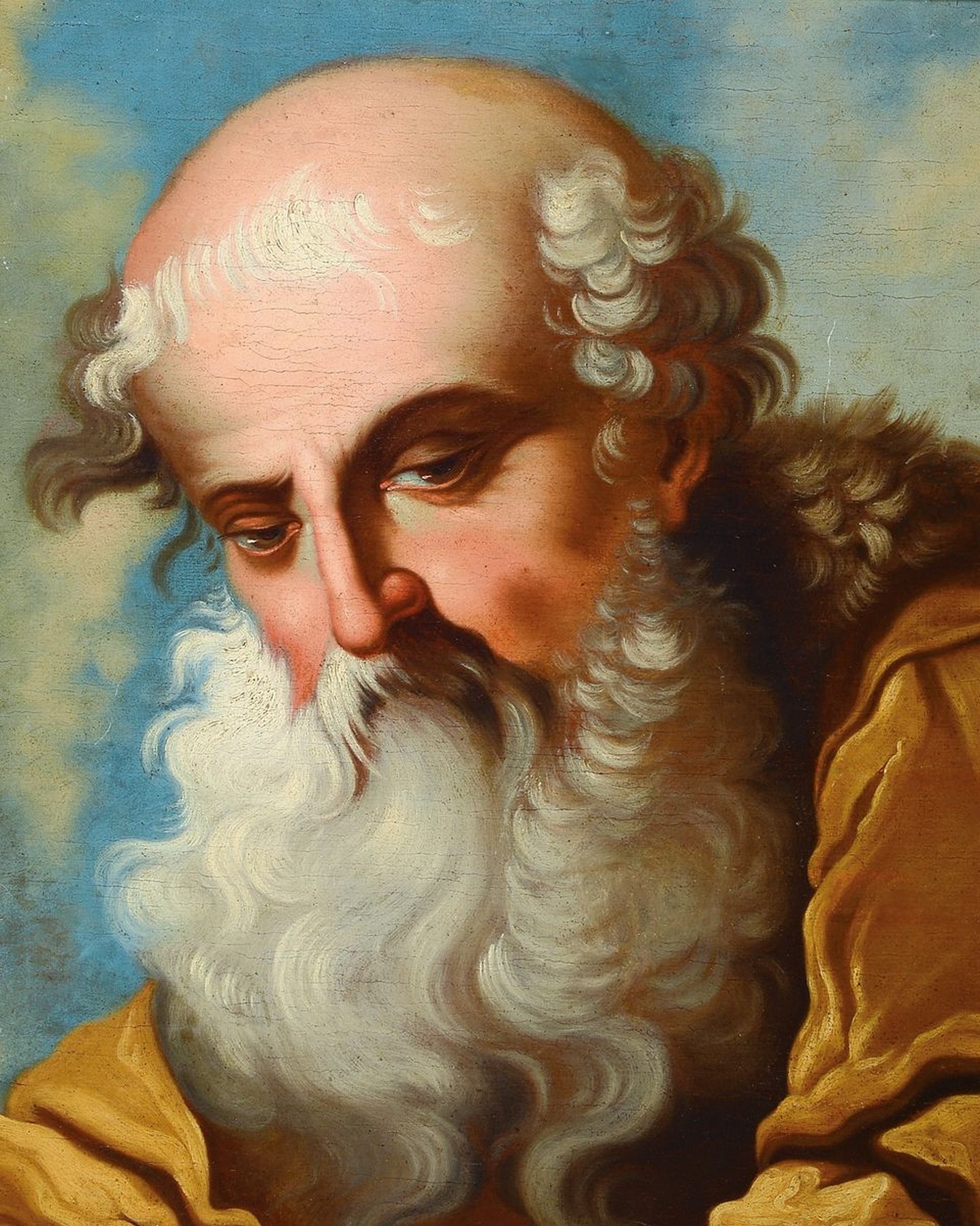 Unbekannter Künstler, 18. Jh., Porträt eines Apostels, Öl/Lwd/Holz, restauriert, Alters- und Gebr.-spuren, ca. 49 x 40 cm, Rahmen: 66 x 56 cm
