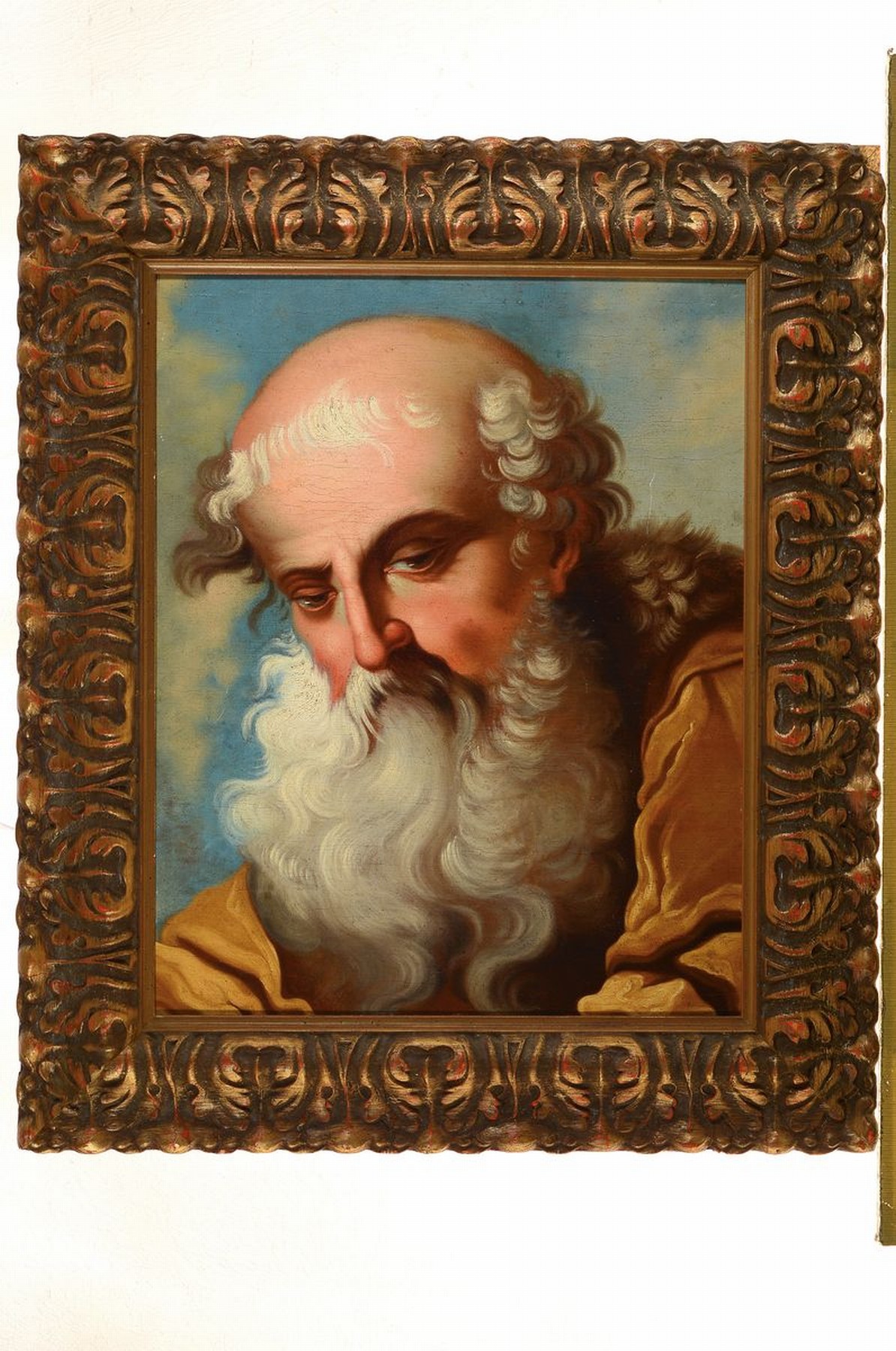 Detail k: Unbekannter Künstler, 18. Jh., Porträt eines Apostels, Öl/Lwd/Holz, restauriert, Alters- und Gebr.-spuren, ca. 49 x 40 cm, Rahmen: 66 x 56 cm