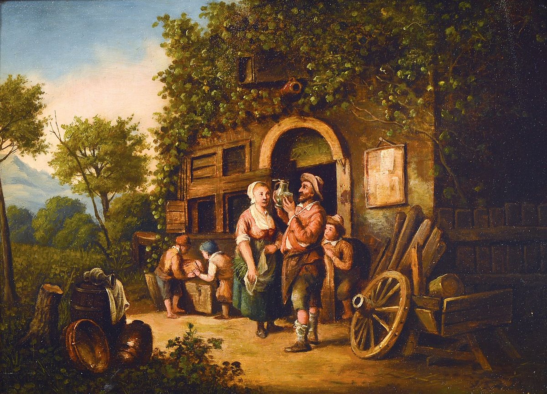 Wohl flämischer Künstler, 2. Hälfte 18. Jh., Vorm Wirtshaus, reiche figürliche Szenerie, erzählende Darstellung, im Hintergrund zwei Kinder, ...