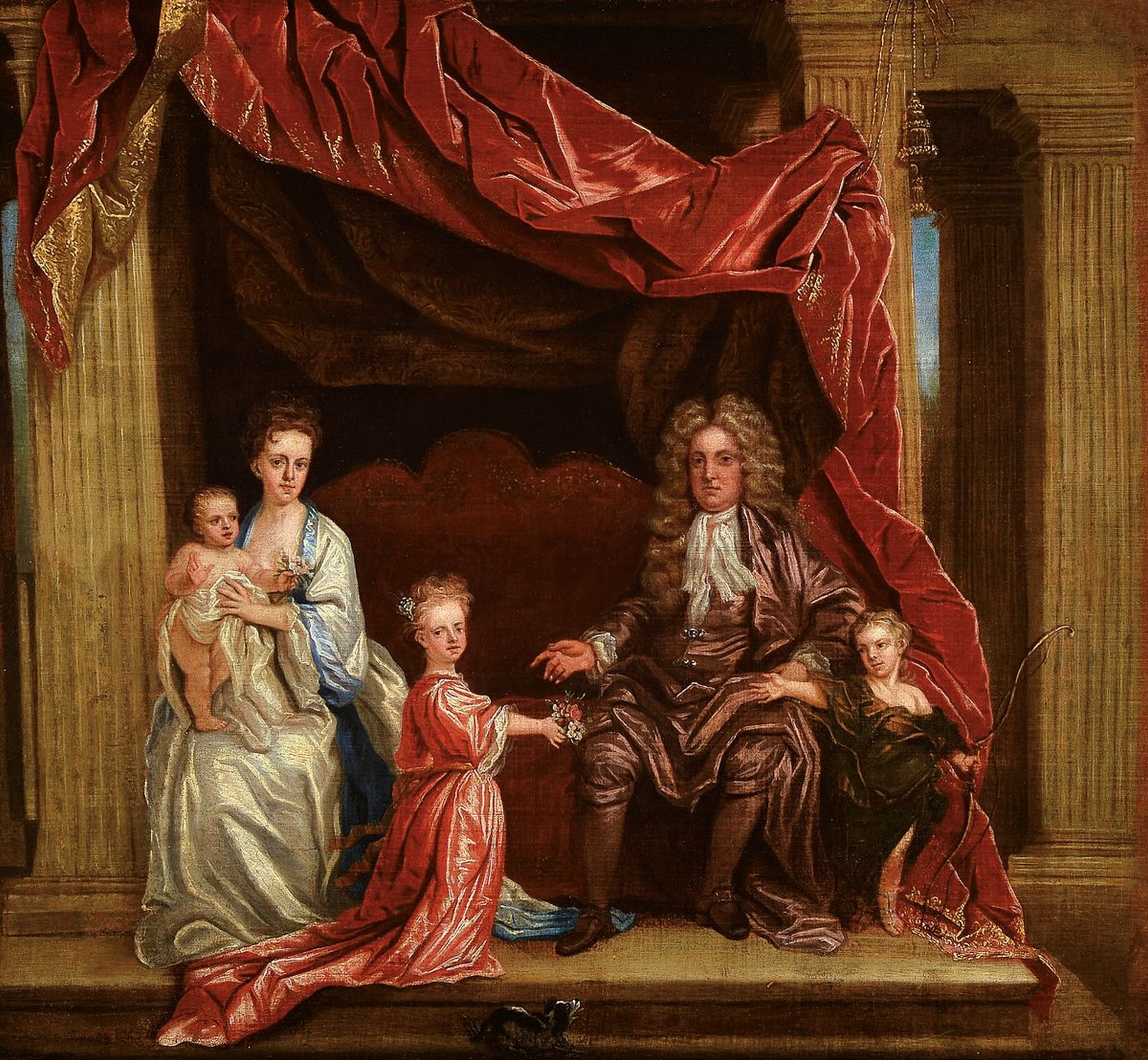 Wohl französischer Hofmaler, um 1700, höfisches Familienporträt in barocktypischer Bezugnahme auf die römische Antike, Mutter mit Säugling im ...
