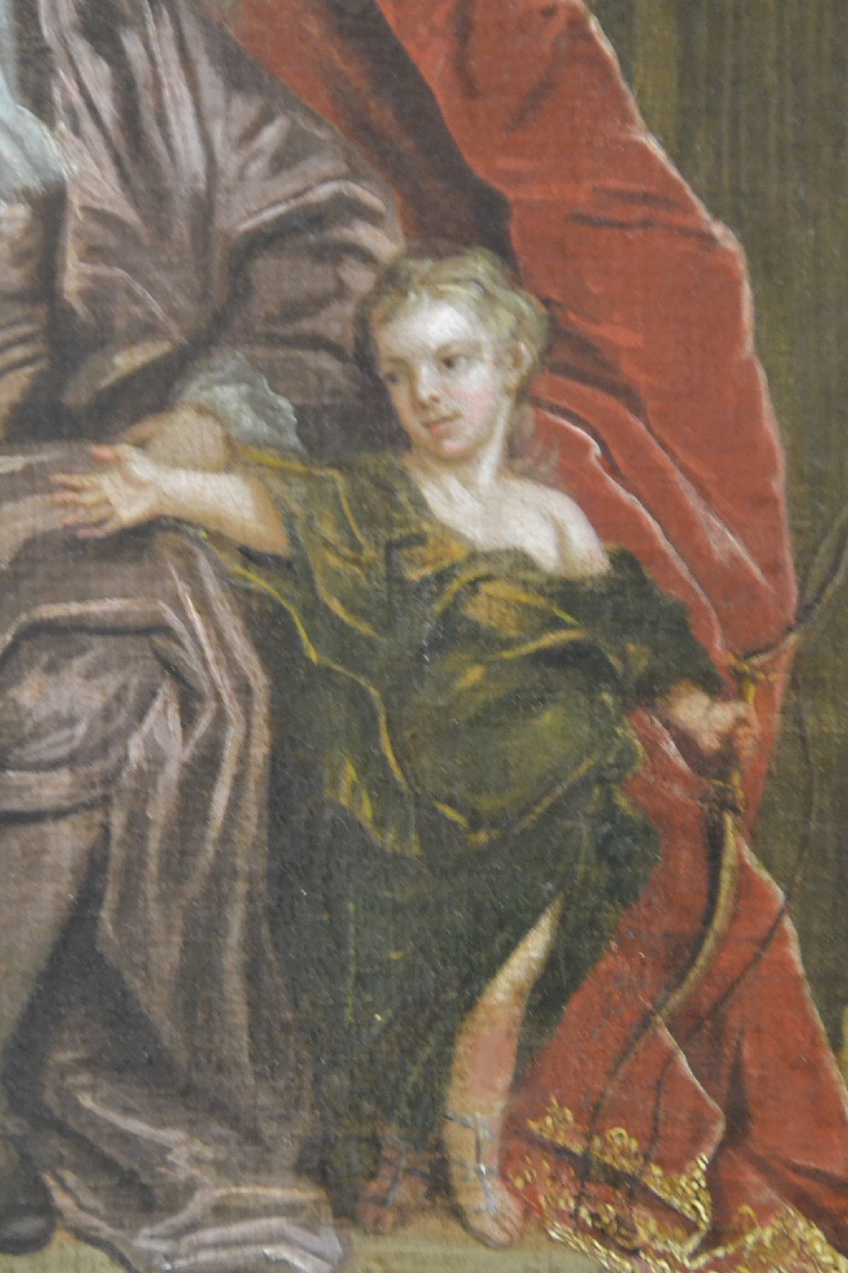 Detail c: Wohl französischer Hofmaler, um 1700, höfisches Familienporträt in barocktypischer Bezugnahme auf die römische Antike, Mutter mit Säugling im ...
