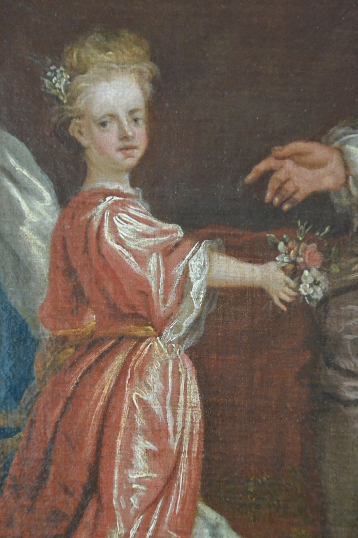 Detail e: Wohl französischer Hofmaler, um 1700, höfisches Familienporträt in barocktypischer Bezugnahme auf die römische Antike, Mutter mit Säugling im ...