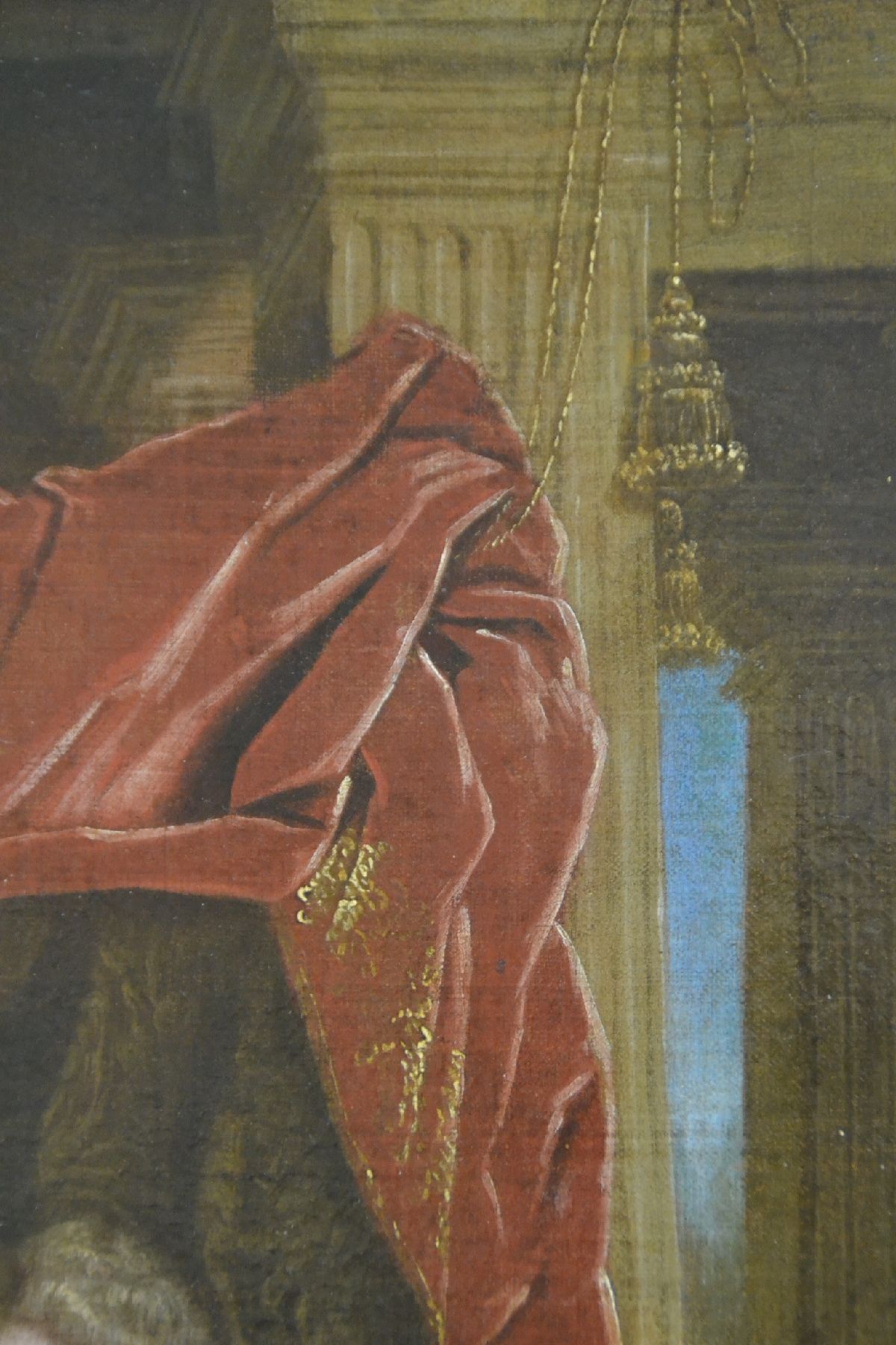 Detail f: Wohl französischer Hofmaler, um 1700, höfisches Familienporträt in barocktypischer Bezugnahme auf die römische Antike, Mutter mit Säugling im ...