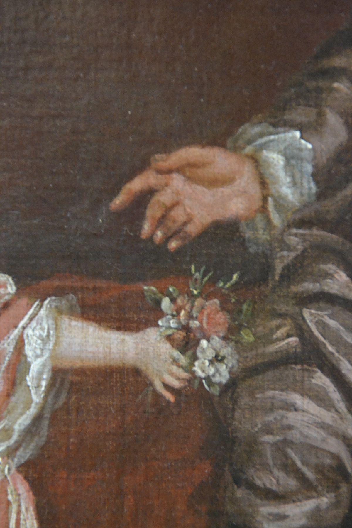 Detail g: Wohl französischer Hofmaler, um 1700, höfisches Familienporträt in barocktypischer Bezugnahme auf die römische Antike, Mutter mit Säugling im ...