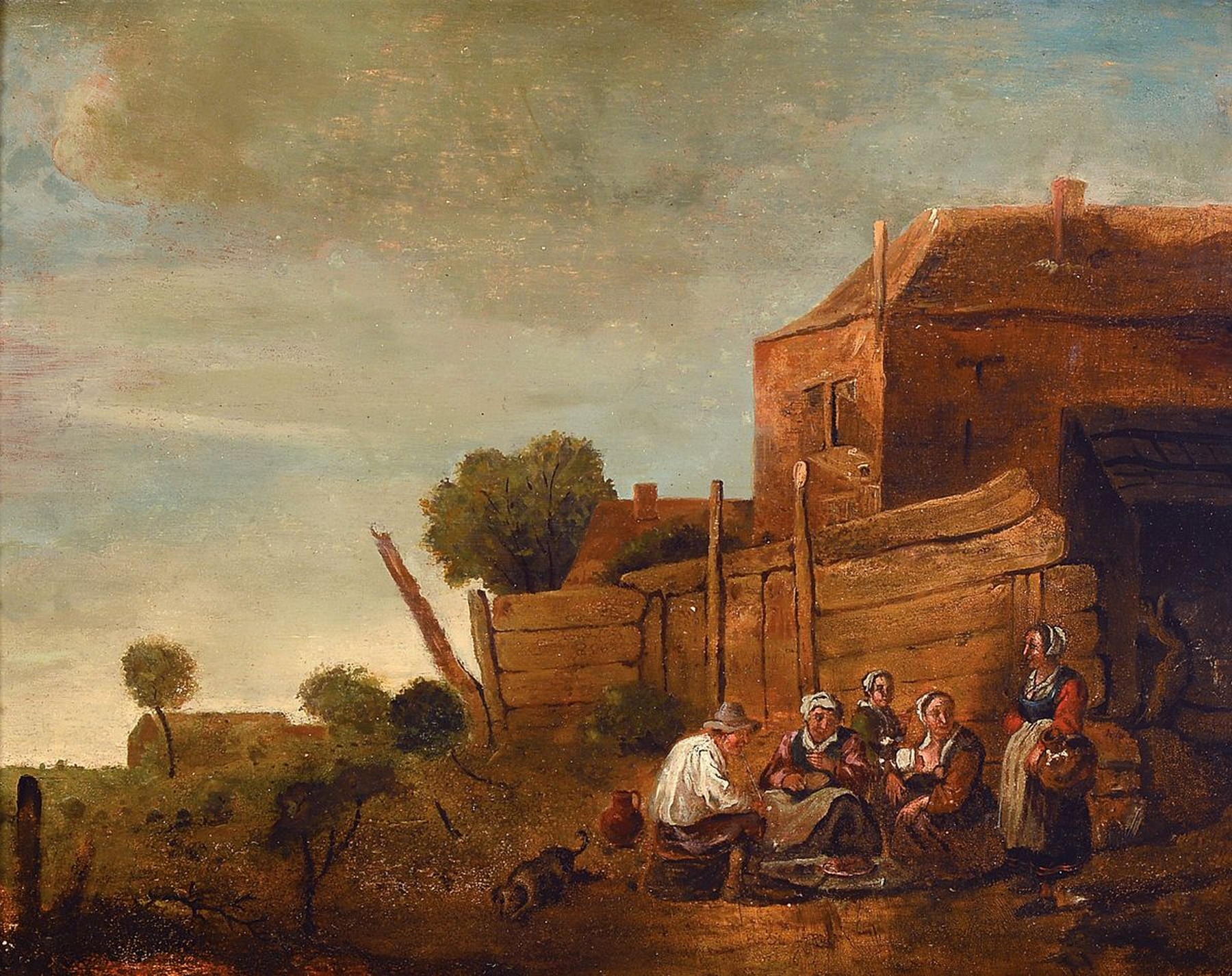 Niederländischer Meister, datiert 1674 und unleserlich signiert: Ka... Insolin, rastende Bauernfamilie, feine Differenzierung der Braun- und ...