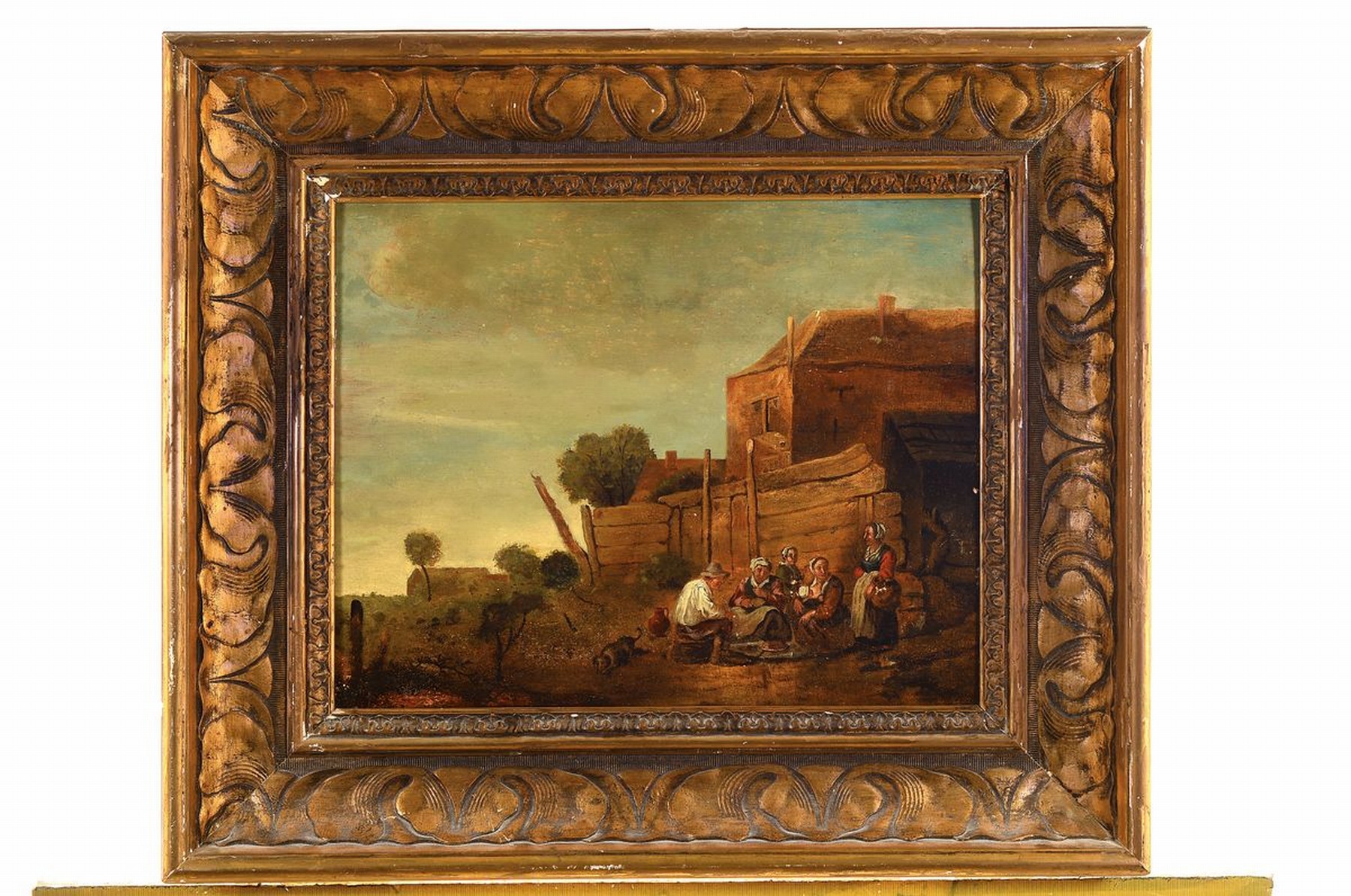 Detail k: Niederländischer Meister, datiert 1674 und unleserlich signiert: Ka... Insolin, rastende Bauernfamilie, feine Differenzierung der Braun- und ...