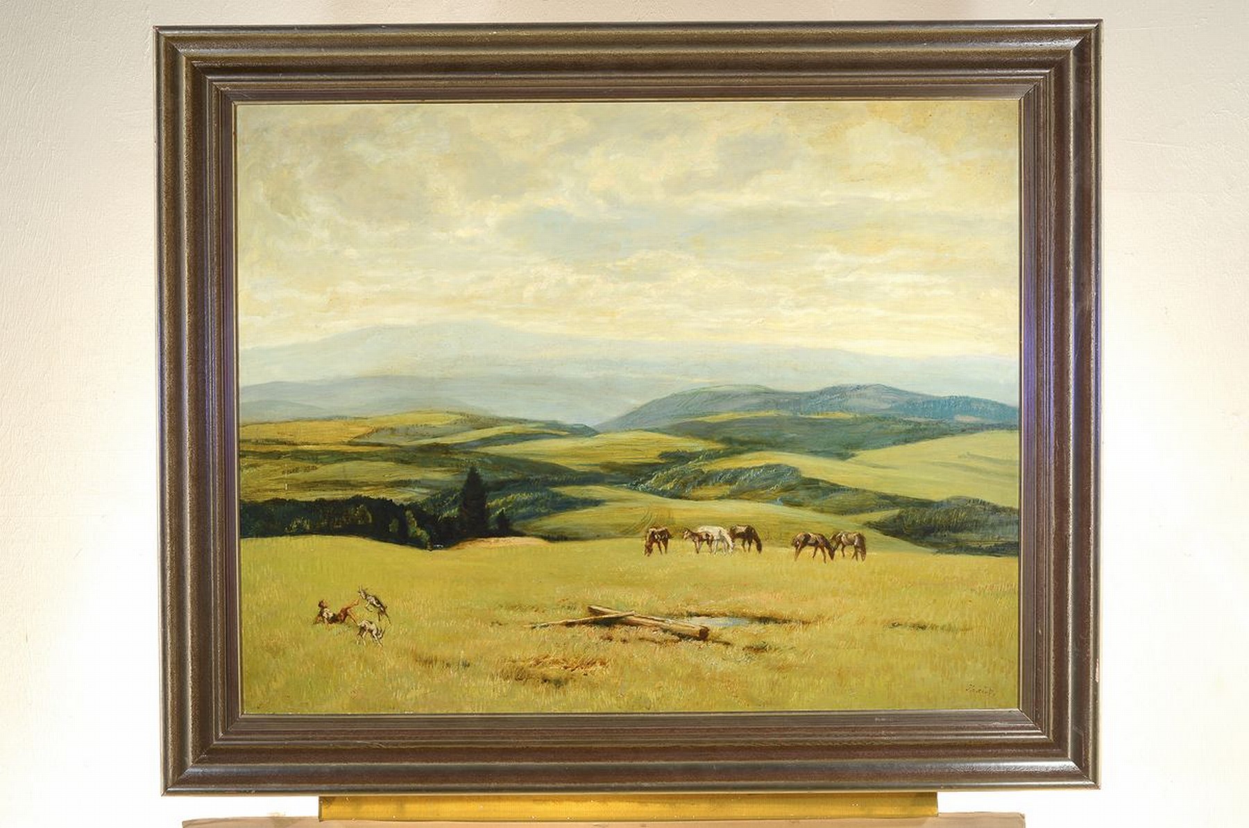 Detail k: Gustav Traub, 1885 Lahr/Schwarzwald- vor 1958 München, Pferdeweide im Schwarzwald, seitlich mit Ziegen spielender Hirte, Öl/Malkarton, re. unten ...