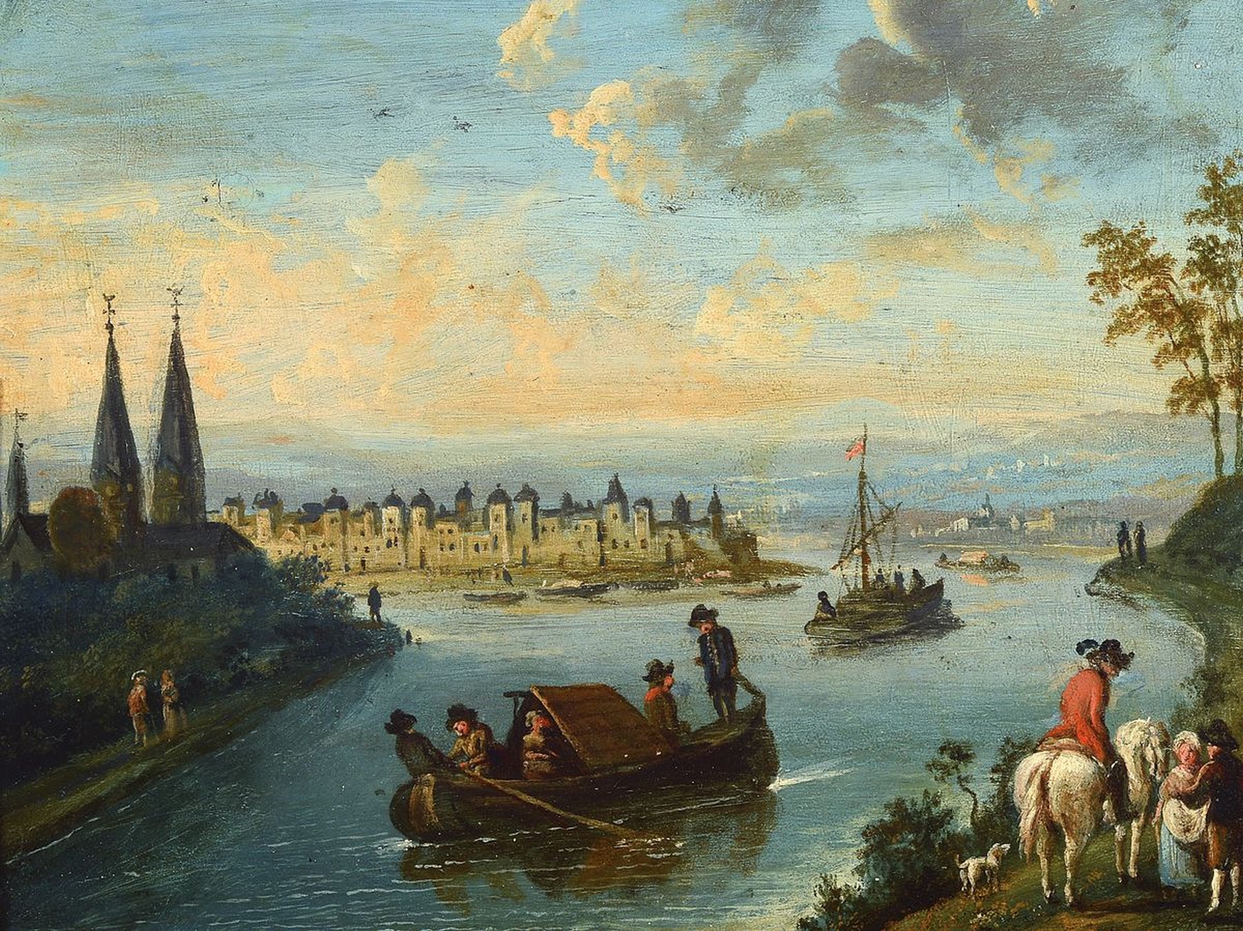 Zwei Barockgemälde, wohl süddeutsch, 18. Jh., Treiben am Fluss, im Hintergrund Stadtansicht, Reiter, Schiffe, schildernde Darstellung, Öl/Lwd, ...