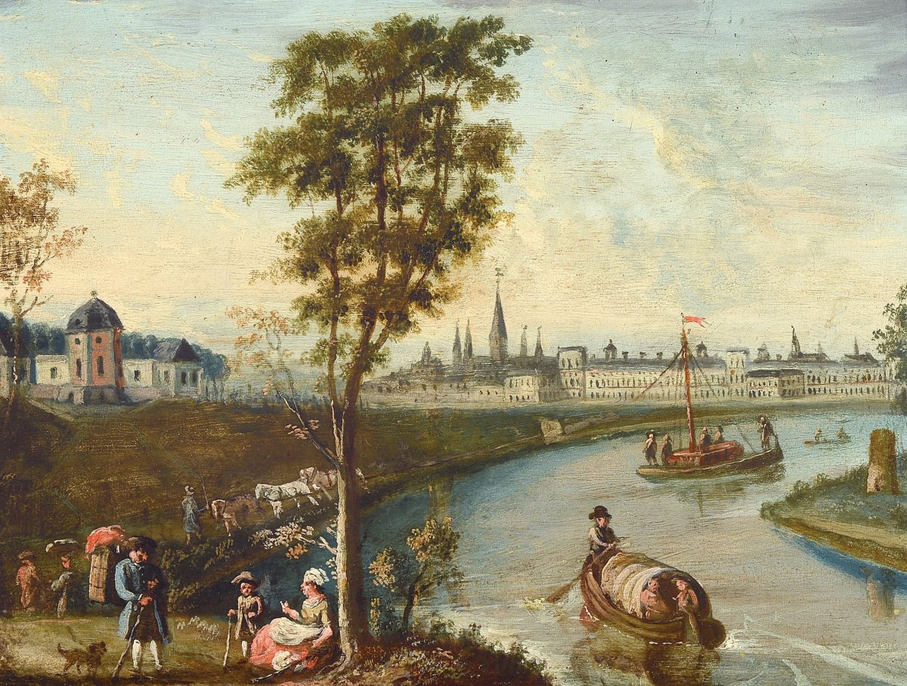 Detail a: Zwei Barockgemälde, wohl süddeutsch, 18. Jh., Treiben am Fluss, im Hintergrund Stadtansicht, Reiter, Schiffe, schildernde Darstellung, Öl/Lwd, ...