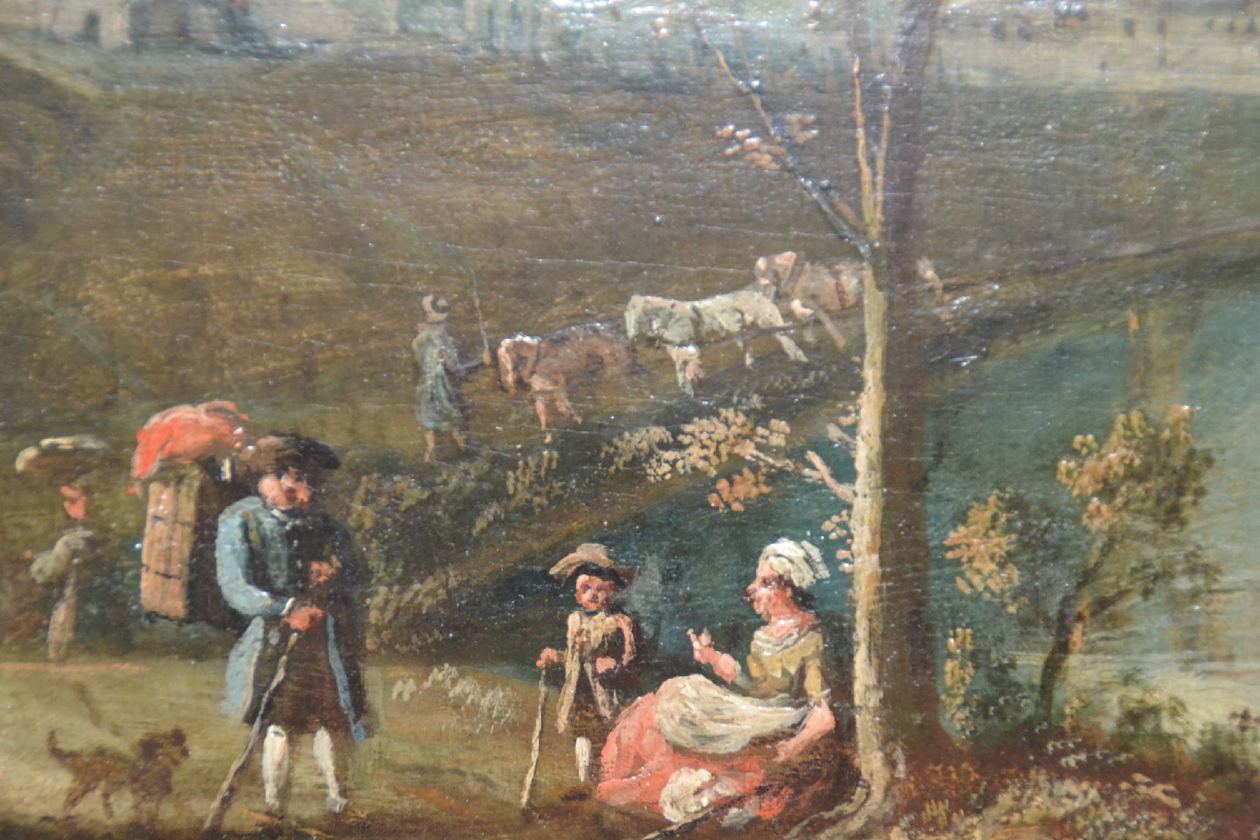 Detail c: Zwei Barockgemälde, wohl süddeutsch, 18. Jh., Treiben am Fluss, im Hintergrund Stadtansicht, Reiter, Schiffe, schildernde Darstellung, Öl/Lwd, ...
