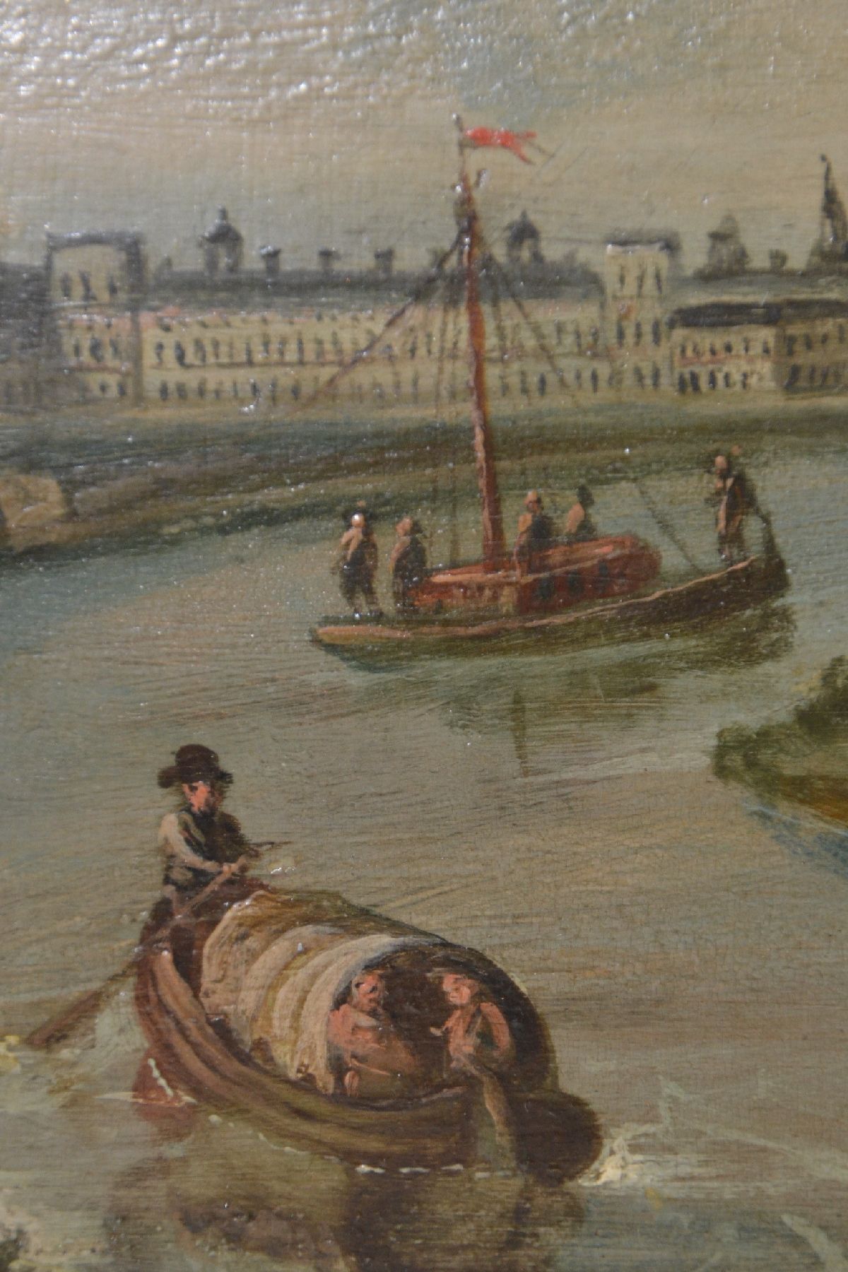 Detail d: Zwei Barockgemälde, wohl süddeutsch, 18. Jh., Treiben am Fluss, im Hintergrund Stadtansicht, Reiter, Schiffe, schildernde Darstellung, Öl/Lwd, ...