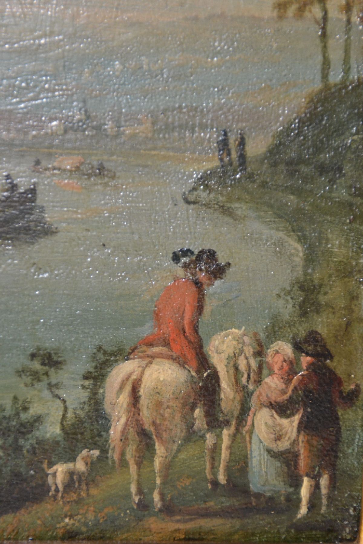 Detail e: Zwei Barockgemälde, wohl süddeutsch, 18. Jh., Treiben am Fluss, im Hintergrund Stadtansicht, Reiter, Schiffe, schildernde Darstellung, Öl/Lwd, ...