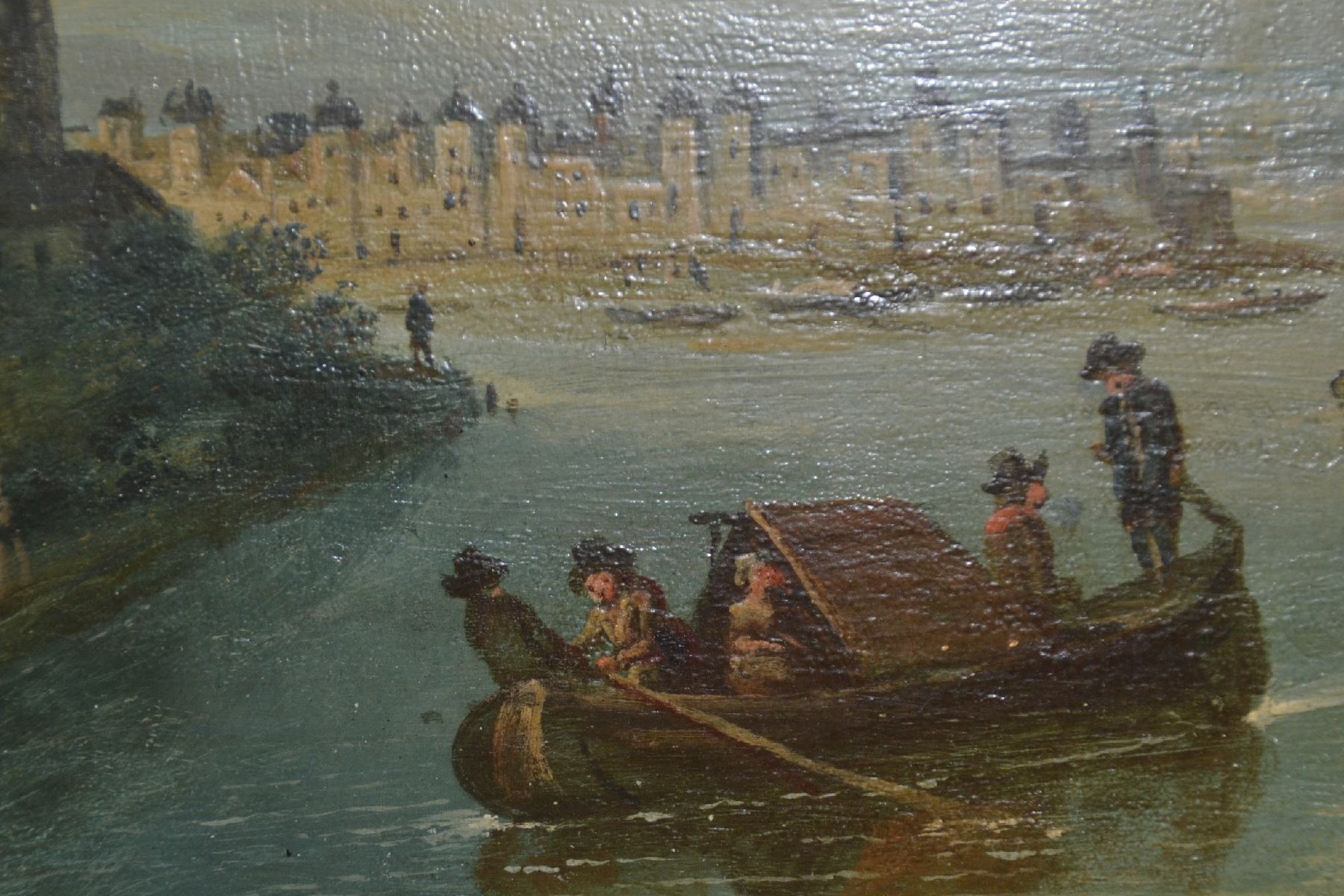 Detail f: Zwei Barockgemälde, wohl süddeutsch, 18. Jh., Treiben am Fluss, im Hintergrund Stadtansicht, Reiter, Schiffe, schildernde Darstellung, Öl/Lwd, ...