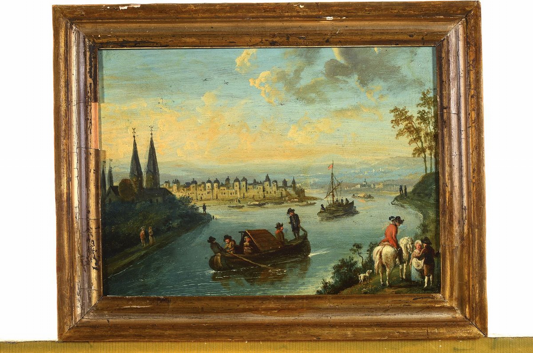 Detail k: Zwei Barockgemälde, wohl süddeutsch, 18. Jh., Treiben am Fluss, im Hintergrund Stadtansicht, Reiter, Schiffe, schildernde Darstellung, Öl/Lwd, ...