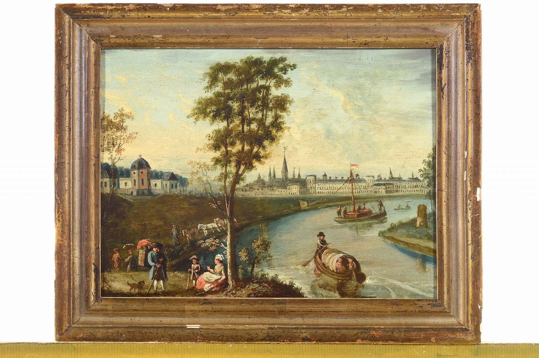 Detail l: Zwei Barockgemälde, wohl süddeutsch, 18. Jh., Treiben am Fluss, im Hintergrund Stadtansicht, Reiter, Schiffe, schildernde Darstellung, Öl/Lwd, ...