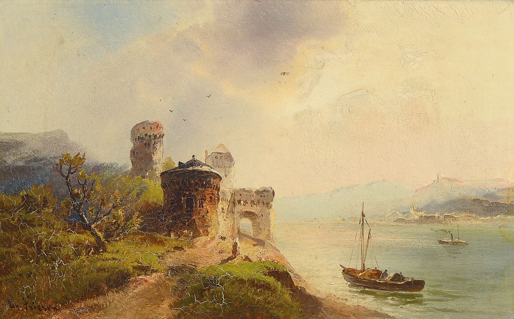 Ludwig Friesen, 19. Jahrhundert, Flußlandschaft mit Burg, spätromantische Darstellung, Öl/Lwd, signiert, 28 x 45 cm, Alters- und Gebr.-spuren, ...