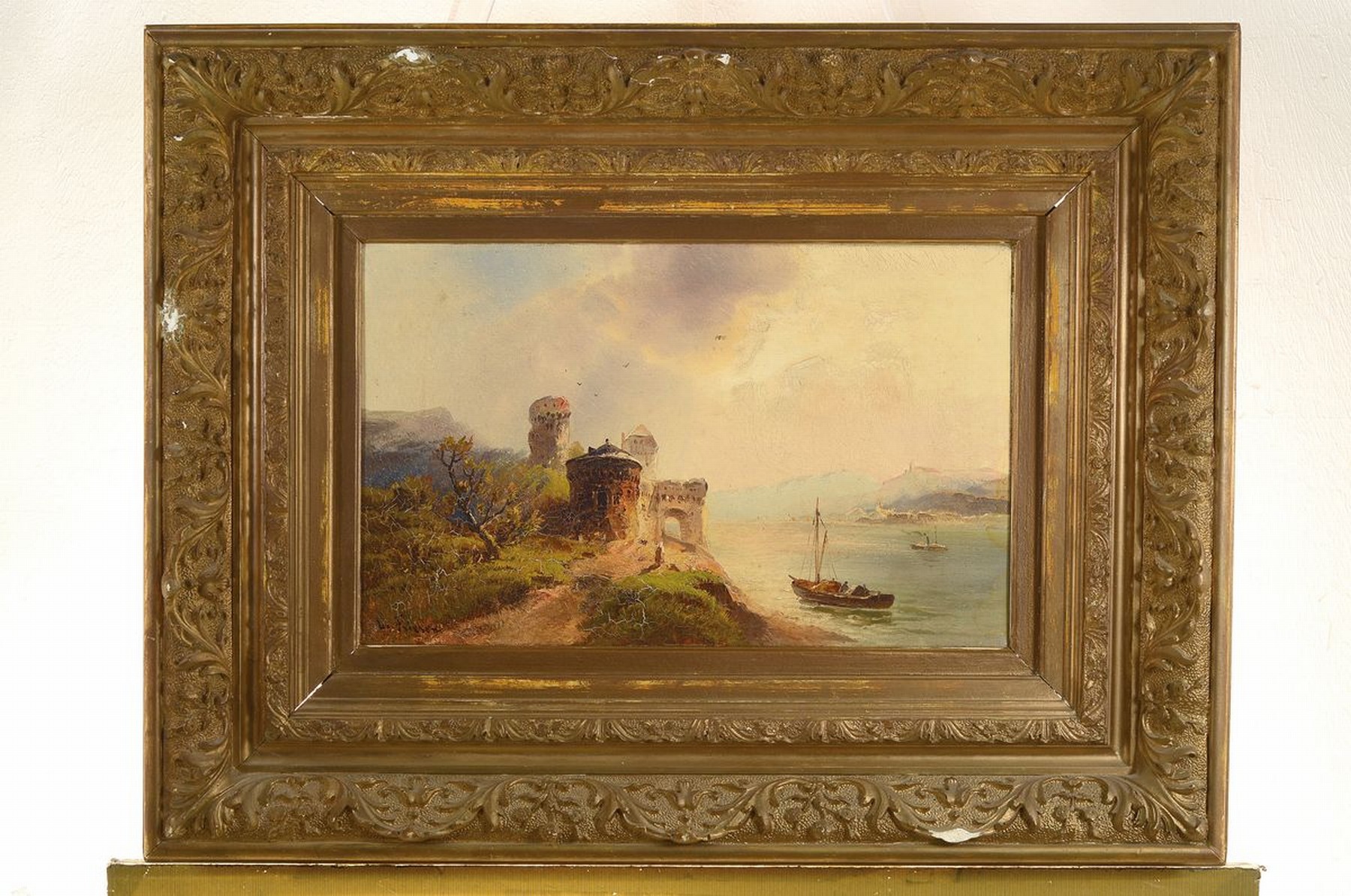 Detail k: Ludwig Friesen, 19. Jahrhundert, Flußlandschaft mit Burg, spätromantische Darstellung, Öl/Lwd, signiert, 28 x 45 cm, Alters- und Gebr.-spuren, ...