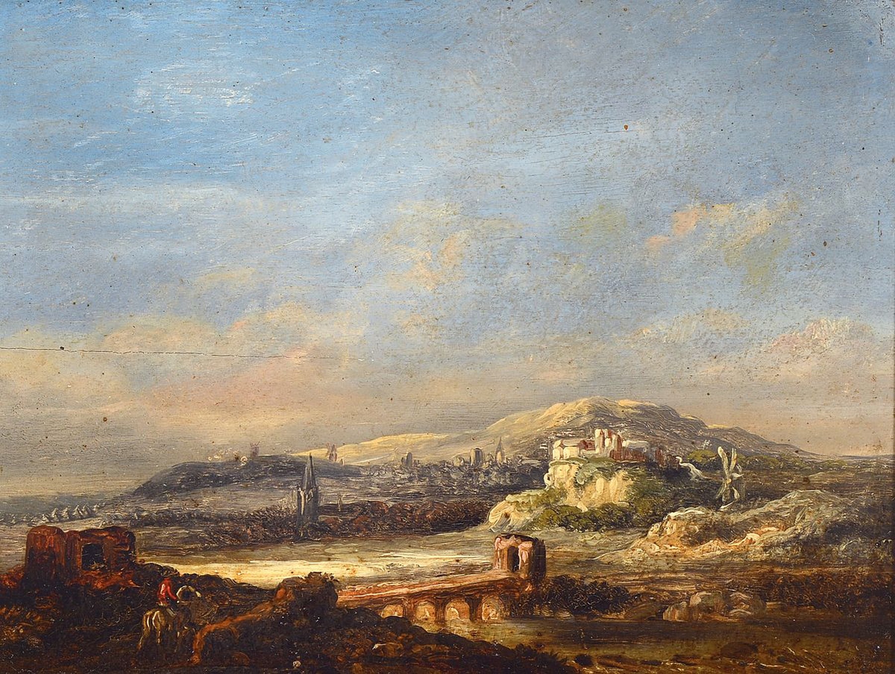 Umkreis Jakob van Ruisdael, 17. Jh., weite Landschaft mit Reiter im Vordergrund, sehr gute Tiefenperspektive, unsigniert, ca. 18 x 24 cm, Rahmen: 25 ...
