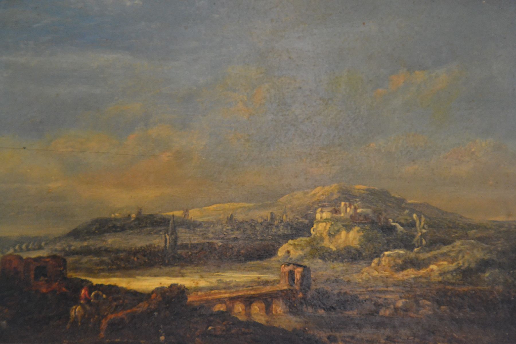Detail b: Umkreis Jakob van Ruisdael, 17. Jh., weite Landschaft mit Reiter im Vordergrund, sehr gute Tiefenperspektive, unsigniert, ca. 18 x 24 cm, Rahmen: 25 ...