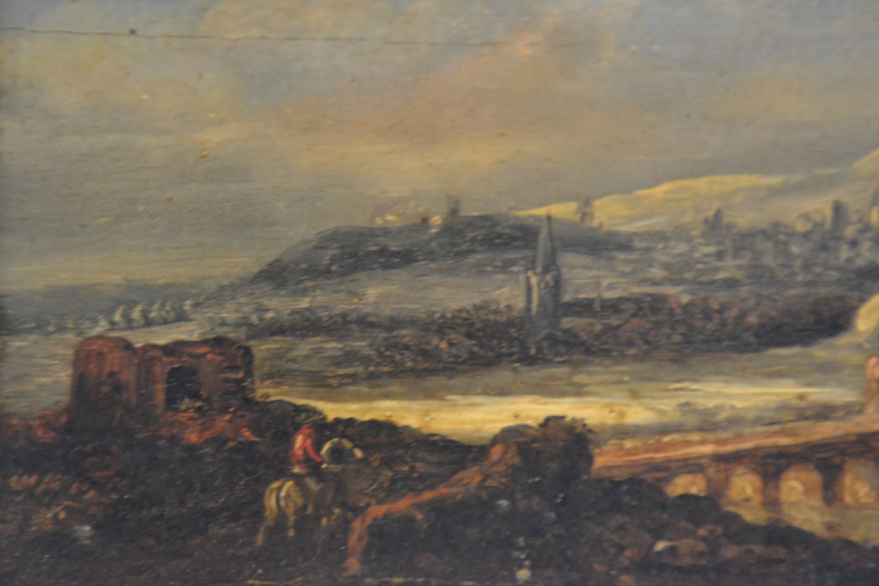 Detail c: Umkreis Jakob van Ruisdael, 17. Jh., weite Landschaft mit Reiter im Vordergrund, sehr gute Tiefenperspektive, unsigniert, ca. 18 x 24 cm, Rahmen: 25 ...
