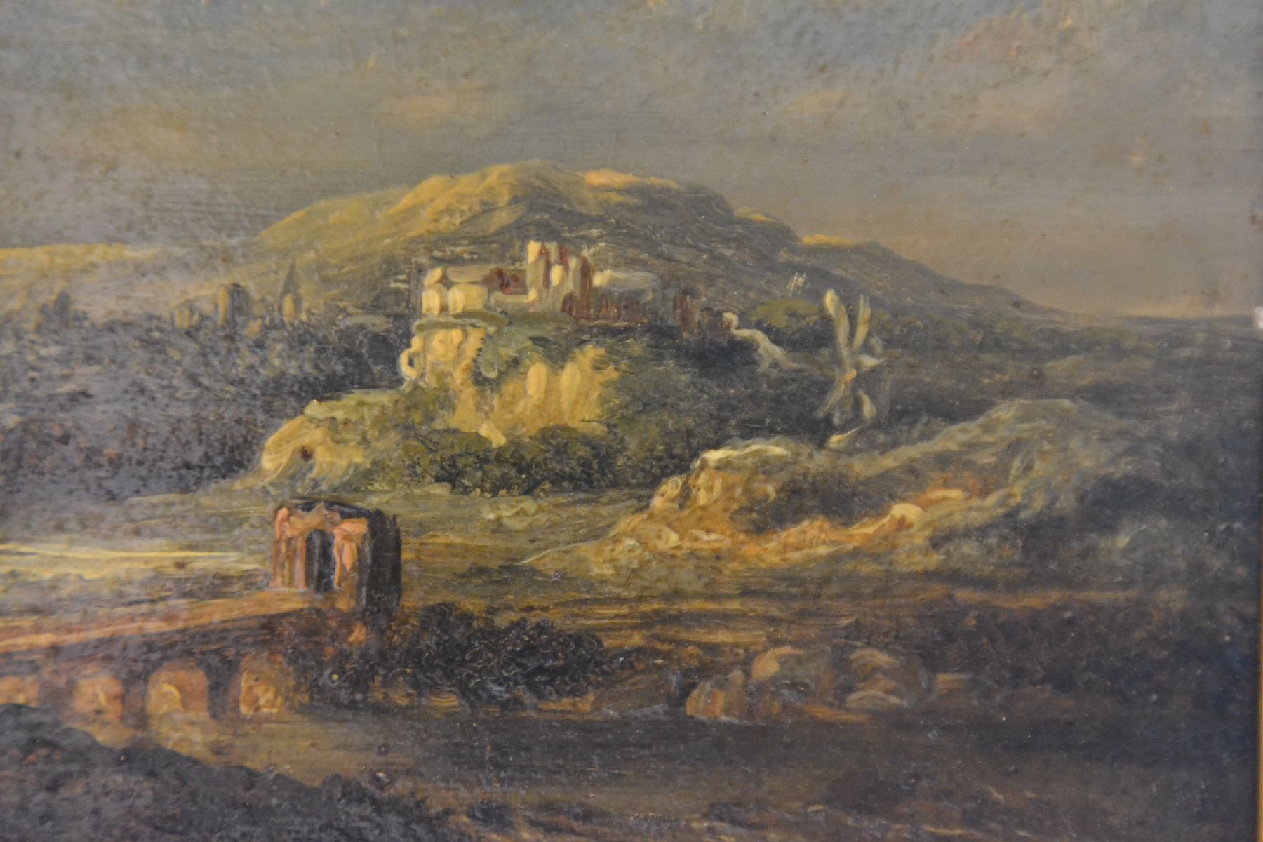 Detail d: Umkreis Jakob van Ruisdael, 17. Jh., weite Landschaft mit Reiter im Vordergrund, sehr gute Tiefenperspektive, unsigniert, ca. 18 x 24 cm, Rahmen: 25 ...