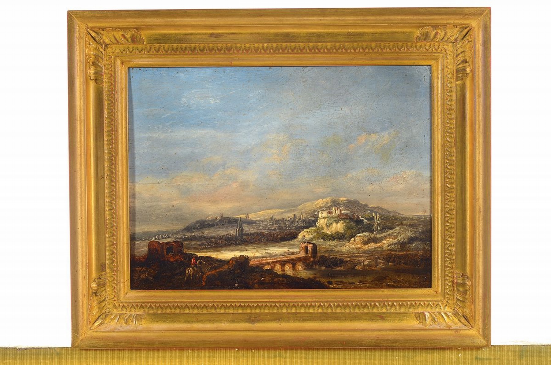 Detail k: Umkreis Jakob van Ruisdael, 17. Jh., weite Landschaft mit Reiter im Vordergrund, sehr gute Tiefenperspektive, unsigniert, ca. 18 x 24 cm, Rahmen: 25 ...