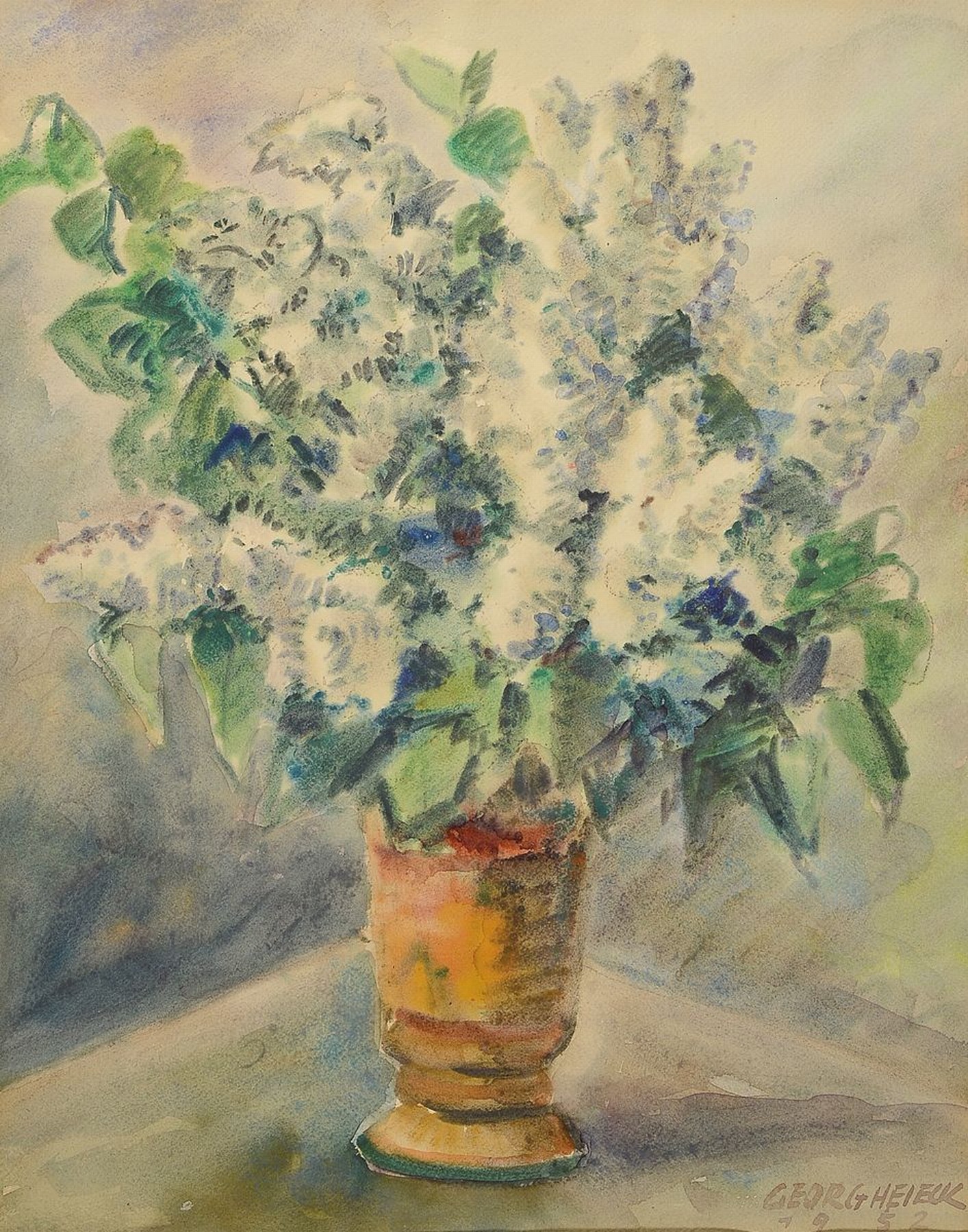 Detail a: Georg Heieck, 1903 Ludwigshafen- 1977 Mannheim, zwei Aquarelle, Stillleben und Blick auf die Haardt, beide signiert und datiert 1952/1951, leichte ...