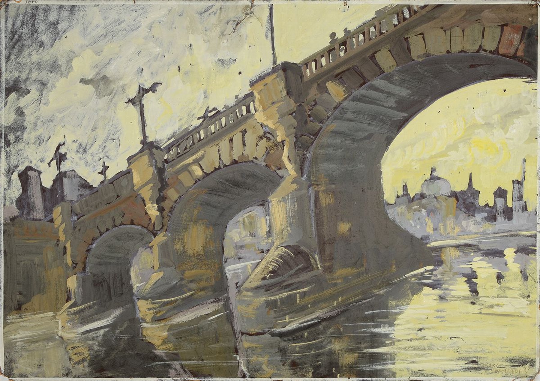 Georg Kosmiady, russischer Künstler, zwei Gouachen: Kreml und Blick auf eine Brücke in Moskau, beide Papier auf Platte, signiert, ca. 30 x 48 cm/48 ...