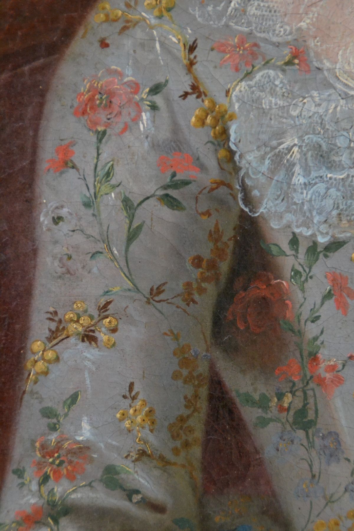 Detail d: Barockgemälde, süddeutsch, um 1750/60, Porträt einer Edeldame mit Fächer, zeittypischer Schmuck, wohl Öl/Lwd, feine lasierende Malerei, sehr ...