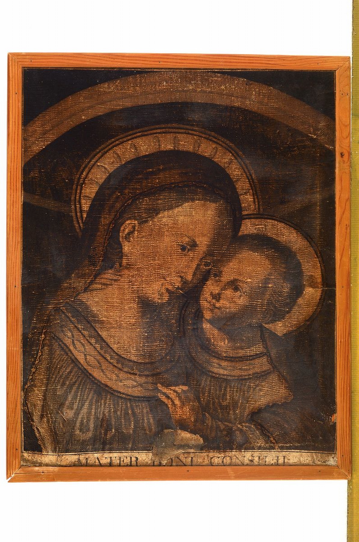 Detail k: Kupferstich/Sepia-Zeichnung, Italien, 16. Jahrhundert, Kupferstich mit Sepia übermalt, Madonna mit Kind, Blickkontakt und Berührung, Fehlstelle, ...