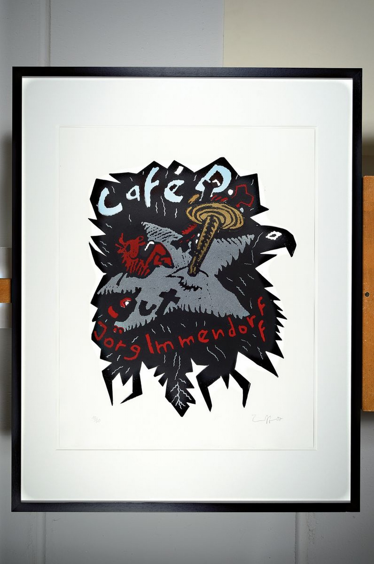 Detail k: Jörg Immendorff, 1945 - 2007, Linolschnitt, auf Bütten, handsigniert, dat.07, l. u. num., Auflage 60 Exemplare, 10/60, ca. 67 x 53 cm, unter Glas, ...