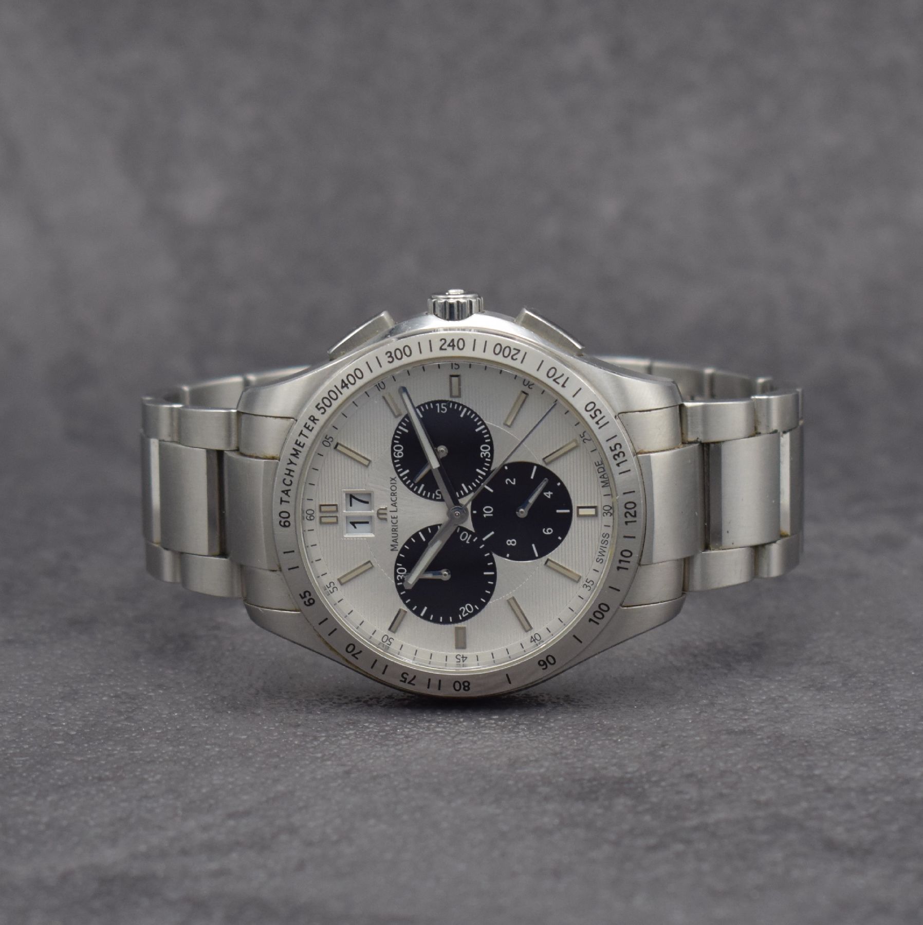 MAURICE LACROIX Herrenarmbanduhr Modell Miros mit Chronograph, Schweiz um 2010, quarz, Ref. MI-1028, Edelstahlgeh., Boden aufgedr., orig. Gliederband ...