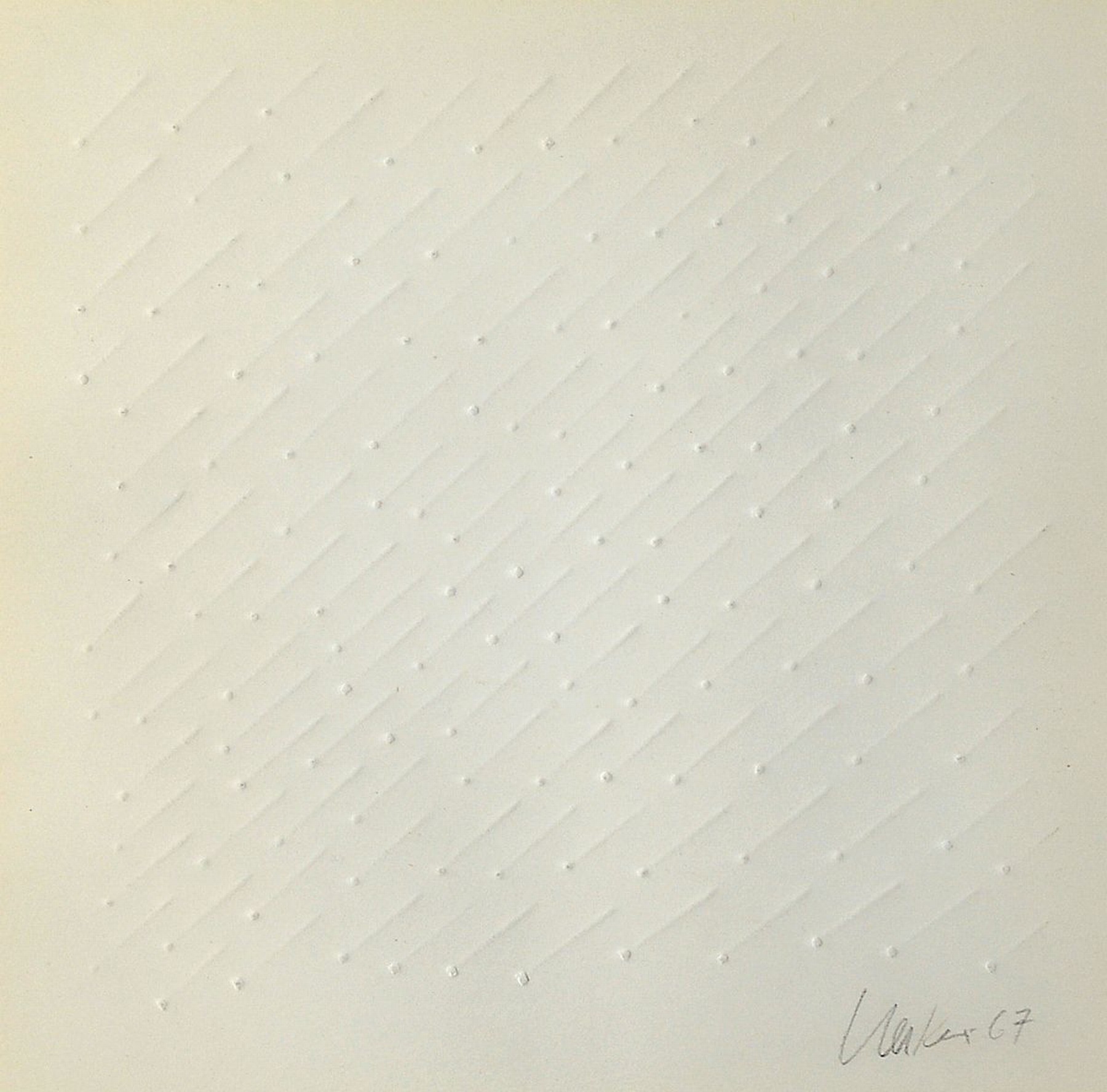 Günther Uecker, geb. 1930, "Diagonale Reihung", handsigniert, früher Prägedruck, vermutlich 35 Exp., aus 1967, 42 x 42cm, unter Glas, ...