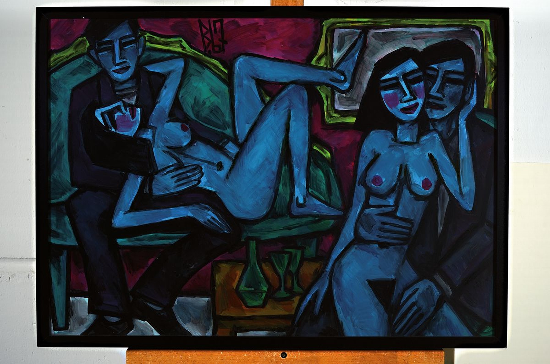 Detail k: Berutscha (Gurami Hagemann) 1945 - 2013, "zwei weibliche Akte und zwei Männer beim erotischen Liebesspiel", Öl/Malpappe, mittig ...