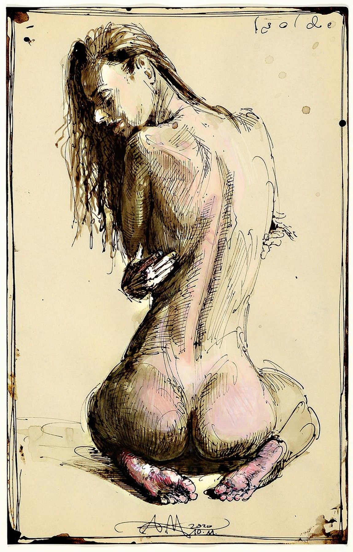 Andreas Noßmann, geb. 1962, Federzeichnung und Aquarell und Farbstift auf original antikem Papier, Titel "Isolde" , Blattgr. 33 x 21 cm, ...