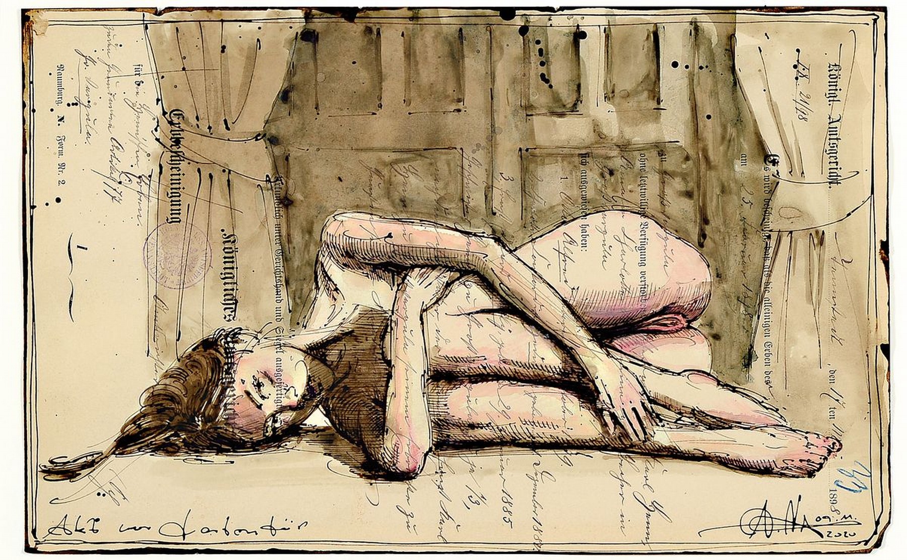 Andreas Noßmann, geb. 1962, Federzeichnung und Aquarell und Farbstift auf original antikem Papier, Titel "Akt vor Gartür", 21 x 33 cm, ...